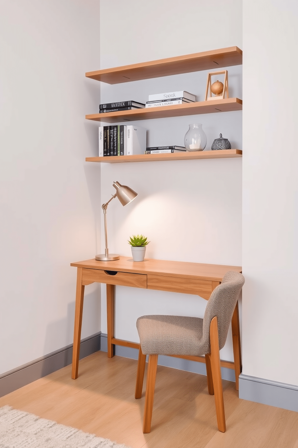 A small desk with sleek lines and a warm wood finish sits against a soft, light gray wall. The desk features a single drawer for storage, complemented by a stylish desk lamp and a potted succulent for a touch of greenery. In the corner of the room, a cozy chair with a textured fabric invites relaxation. Shelves above the desk hold books and decorative items, creating an organized yet inviting small home office space.