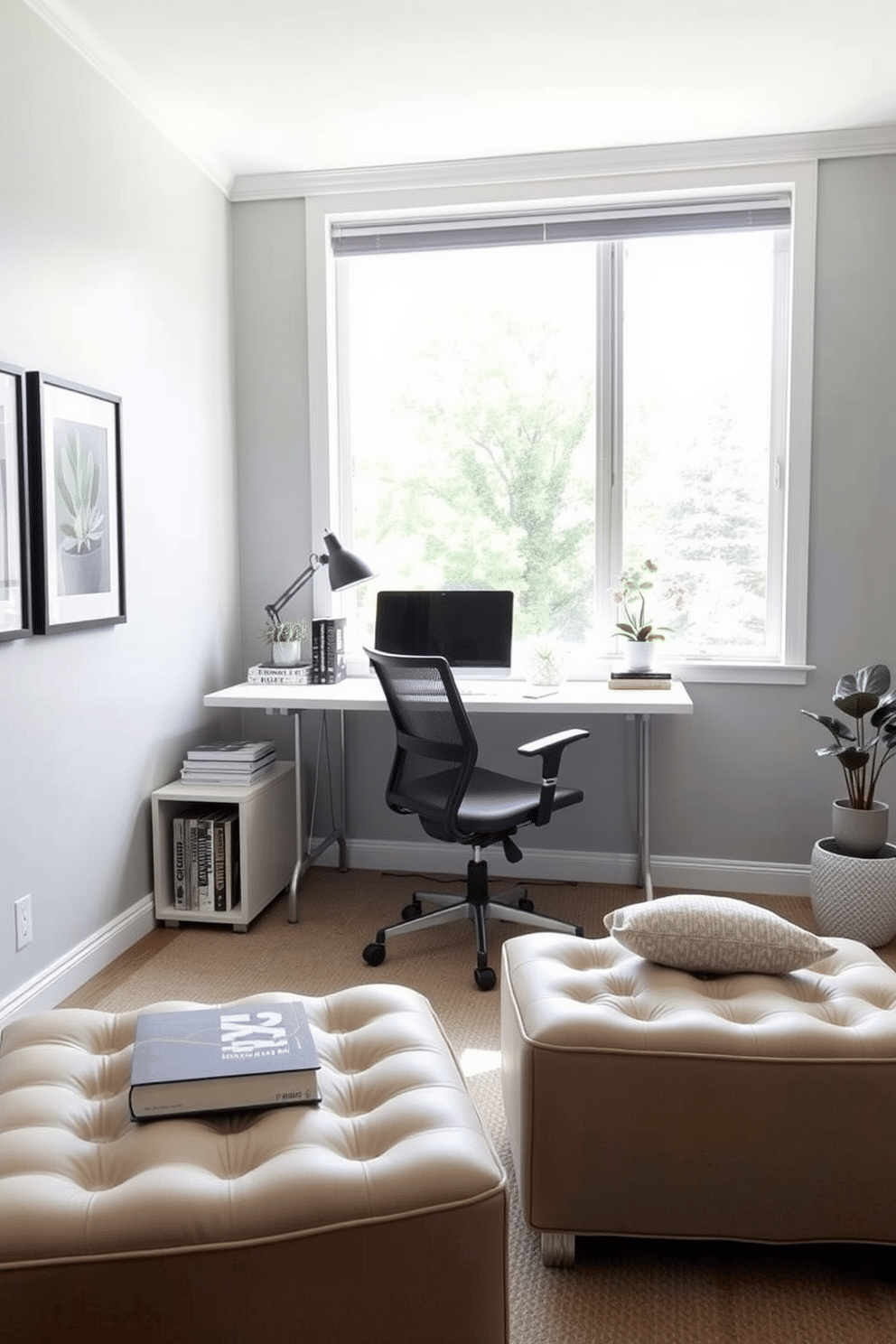 A cozy small home office features a sleek desk with a minimalist design, paired with a comfortable ergonomic chair. The walls are painted in a soft gray, and a large window allows natural light to flood the space, enhancing the bright ambiance. Incorporated into the decor are stylish ottomans that double as hidden storage, providing a practical solution for keeping the area tidy. A few decorative items, like books and plants, are strategically placed to add personality while maintaining a clean and organized look.