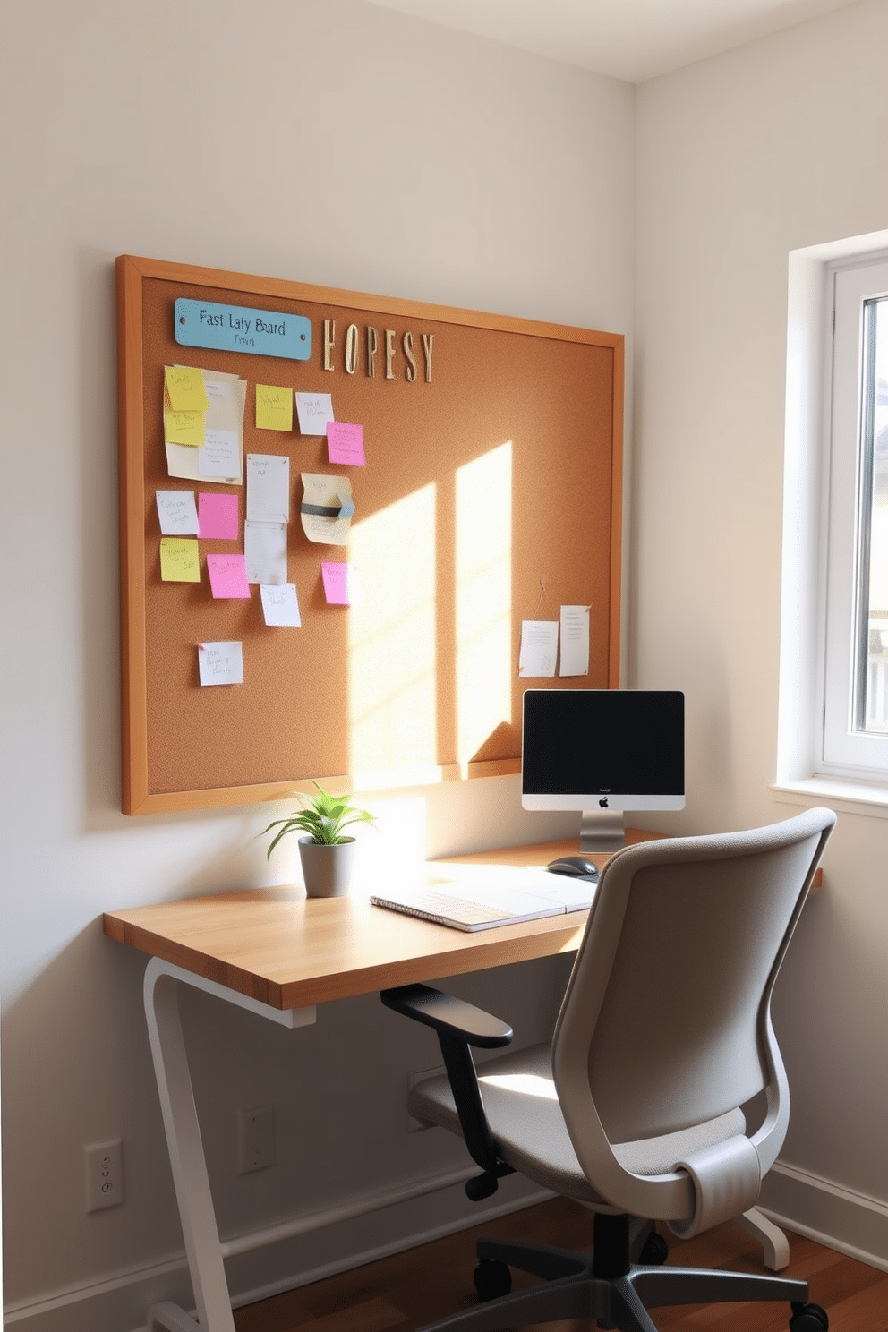 A cozy small home office featuring a stylish bulletin board mounted on the wall, filled with colorful notes and reminders. The desk is a sleek, minimalist design made of light wood, complemented by a comfortable ergonomic chair in a soft fabric. Natural light streams in through a nearby window, illuminating the space and creating a warm atmosphere. A small potted plant sits on the desk, adding a touch of greenery and life to the workspace.