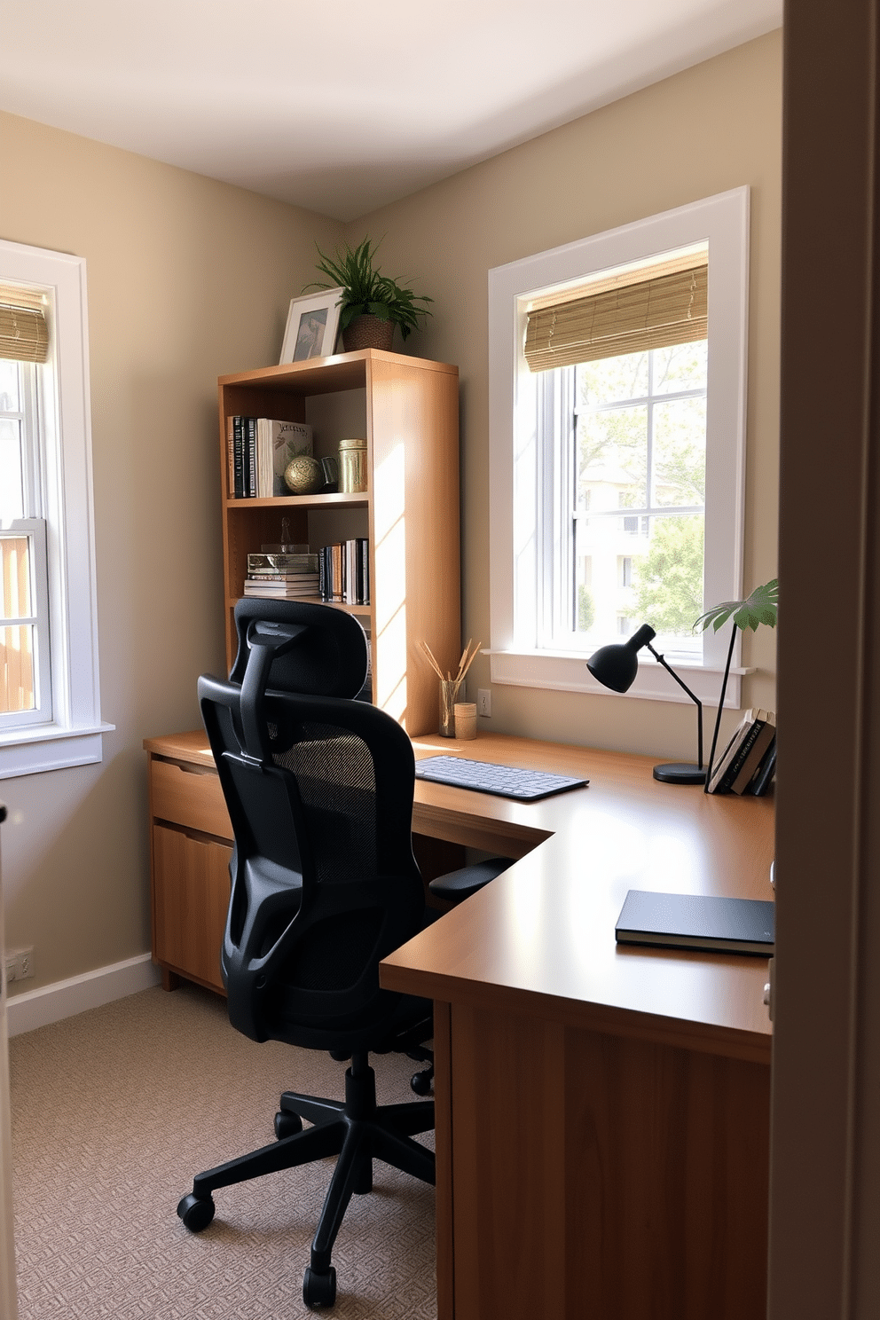 A small home office bathed in natural light from a nearby window. The workspace features a sleek wooden desk paired with a comfortable ergonomic chair, surrounded by shelves filled with books and decorative items.