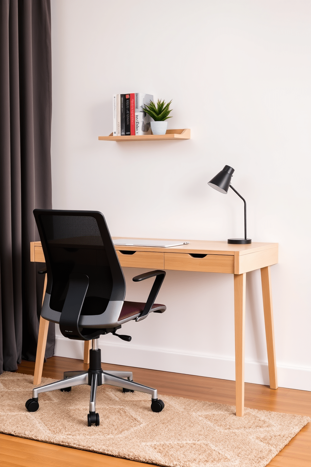 A minimalist desk is positioned against the wall, featuring clean lines and a light wood finish. Above the desk, a simple wall-mounted shelf displays a few curated books and a small potted plant for a touch of greenery. The walls are painted in a soft white, creating an airy feel, while a cozy, textured rug anchors the space beneath the desk. A sleek, ergonomic chair complements the desk, providing both comfort and style for a productive work environment.