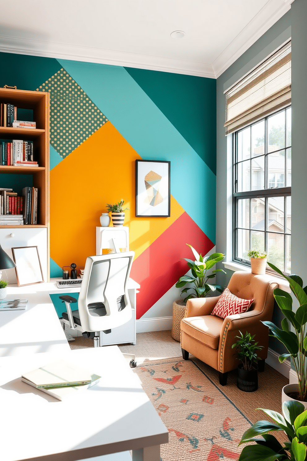 A vibrant home office featuring a colorful accent wall adorned with geometric patterns in shades of teal, mustard, and coral. The space includes a sleek white desk with a modern ergonomic chair, complemented by a stylish bookshelf filled with books and decorative items. Natural light floods the room through a large window, illuminating a cozy reading nook with a plush armchair and a small side table. Potted plants add a touch of greenery, enhancing the inviting atmosphere of this small yet dynamic workspace.