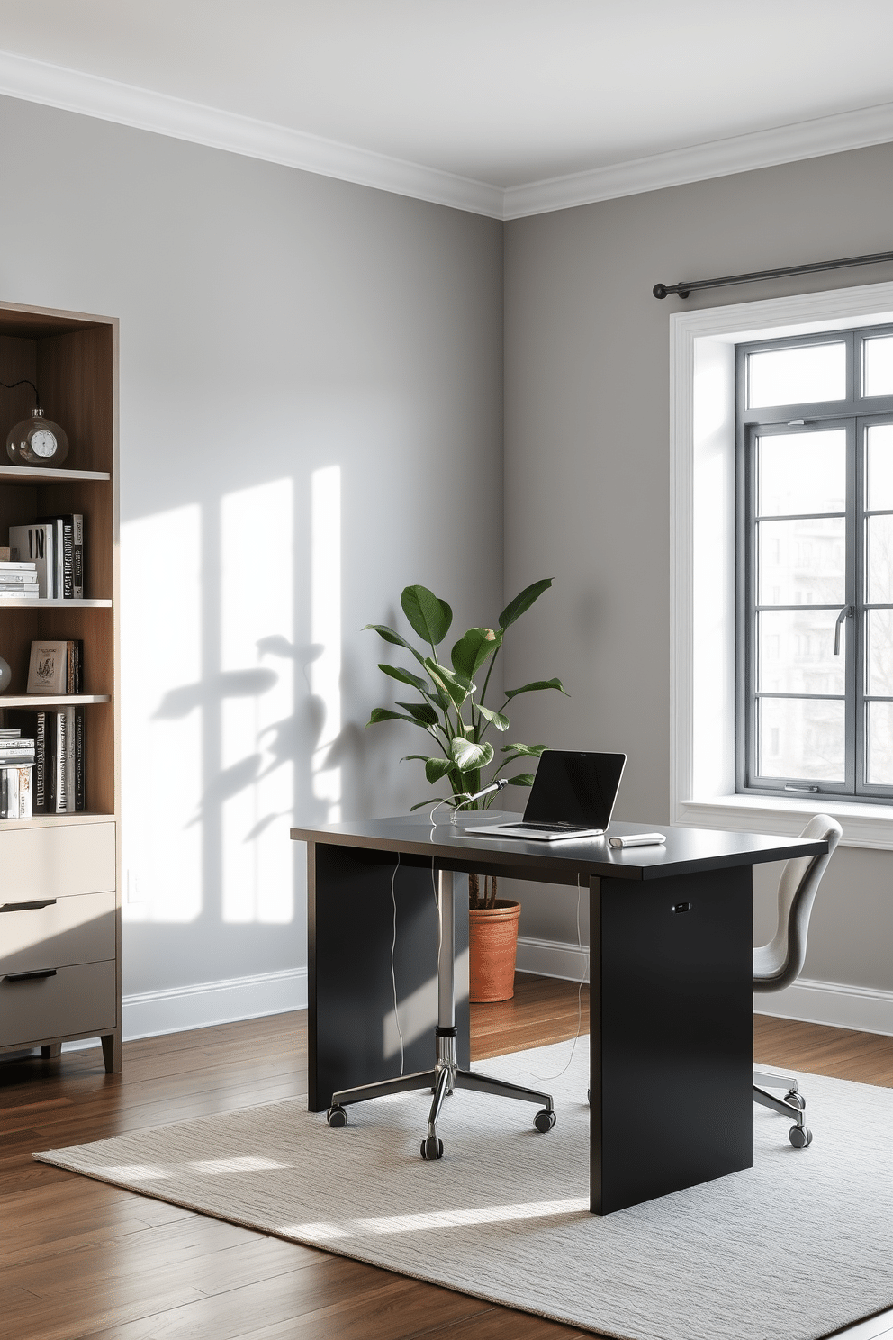 A modern home office featuring a sleek desk with built-in charging ports seamlessly integrated into its design. The walls are painted a soft gray, complemented by a cozy chair and a stylish bookshelf filled with curated decor and books. Natural light floods the space through a large window, enhancing the warm atmosphere. A potted plant sits in the corner, adding a touch of greenery to the minimalist aesthetic.