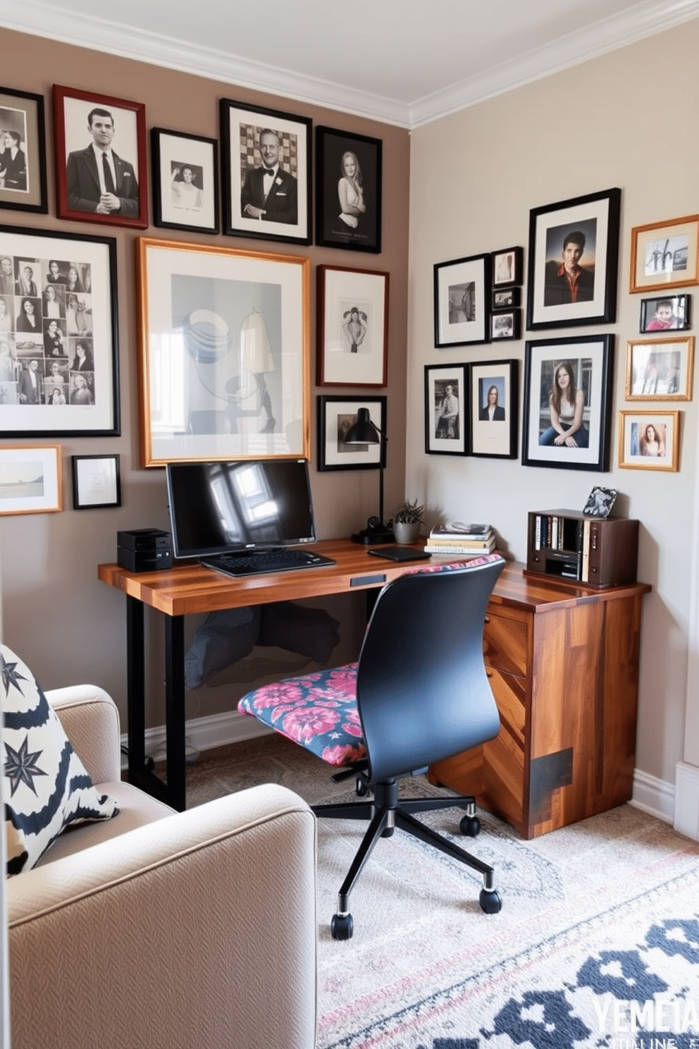 A small home office featuring personalized decor that reflects the owner's unique style. The space includes a sleek desk made of reclaimed wood, paired with an ergonomic chair upholstered in a vibrant fabric that adds a pop of color. On the walls, a gallery of framed art pieces and photographs showcases personal memories and inspirations. A cozy reading nook is created in one corner with a plush armchair and a small bookshelf filled with favorite novels.