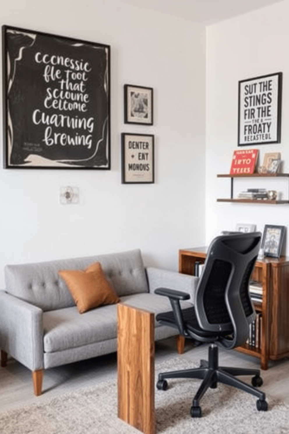 A cozy small home office features a compact, stylish sofa in a soft gray fabric, positioned against a wall adorned with inspiring artwork. A sleek desk made of reclaimed wood sits opposite the sofa, complemented by a comfortable ergonomic chair and a small bookshelf filled with design books and personal mementos.