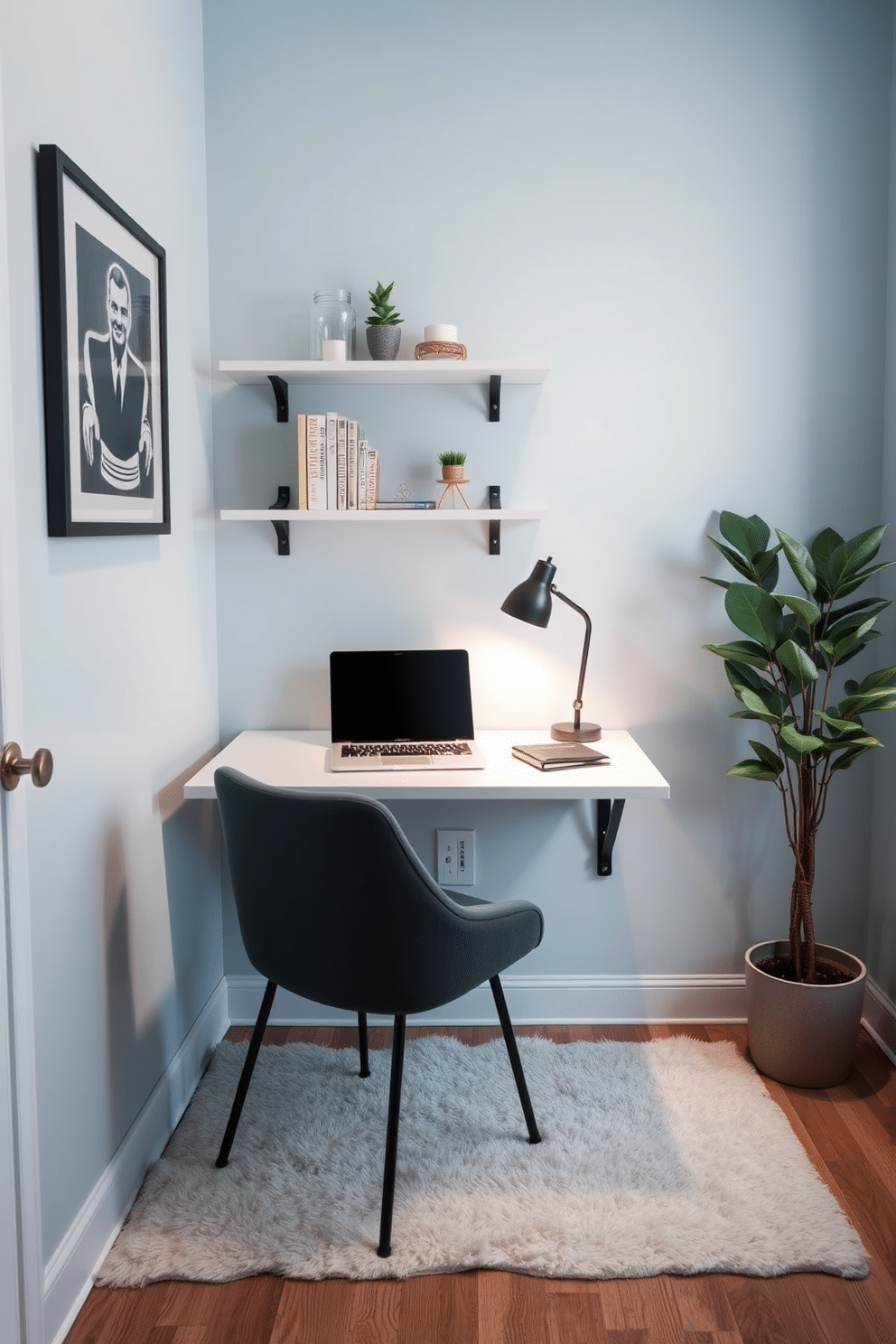 A cozy small home office features a stylish fold-down desk mounted on a wall, allowing for efficient use of space. The desk is complemented by a comfortable chair and a small shelf above, adorned with books and decorative items. The walls are painted in a calming light blue, creating a serene atmosphere for productivity. A soft area rug lies beneath the desk, adding warmth and texture to the room while a potted plant in the corner brings a touch of nature indoors.