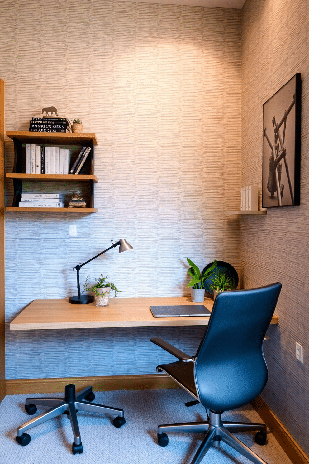 A cozy small home office features textured wallpaper in a soft gray hue, adding depth and interest to the space. A sleek, modern desk made of light wood is positioned against the wall, complemented by a comfortable ergonomic chair in a contrasting dark color. On the desk, a minimalist lamp provides warm lighting, while a few potted plants bring a touch of nature indoors. Shelves above the desk display neatly organized books and decorative items, enhancing the room's functionality and style.