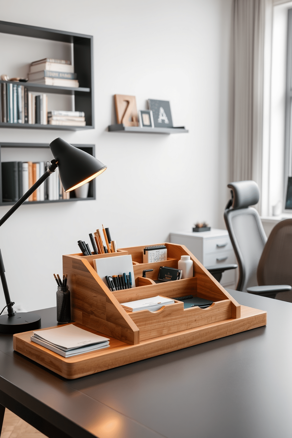 A sleek desk organizer made of natural wood sits atop a modern desk, featuring compartments for pens, notebooks, and office supplies. The workspace is illuminated by a stylish desk lamp with a warm glow, creating an inviting atmosphere. The home office is designed with a minimalist aesthetic, showcasing a wall-mounted shelf filled with books and decorative items. A comfortable ergonomic chair complements the clean lines of the desk, while a large window allows natural light to flood the space.