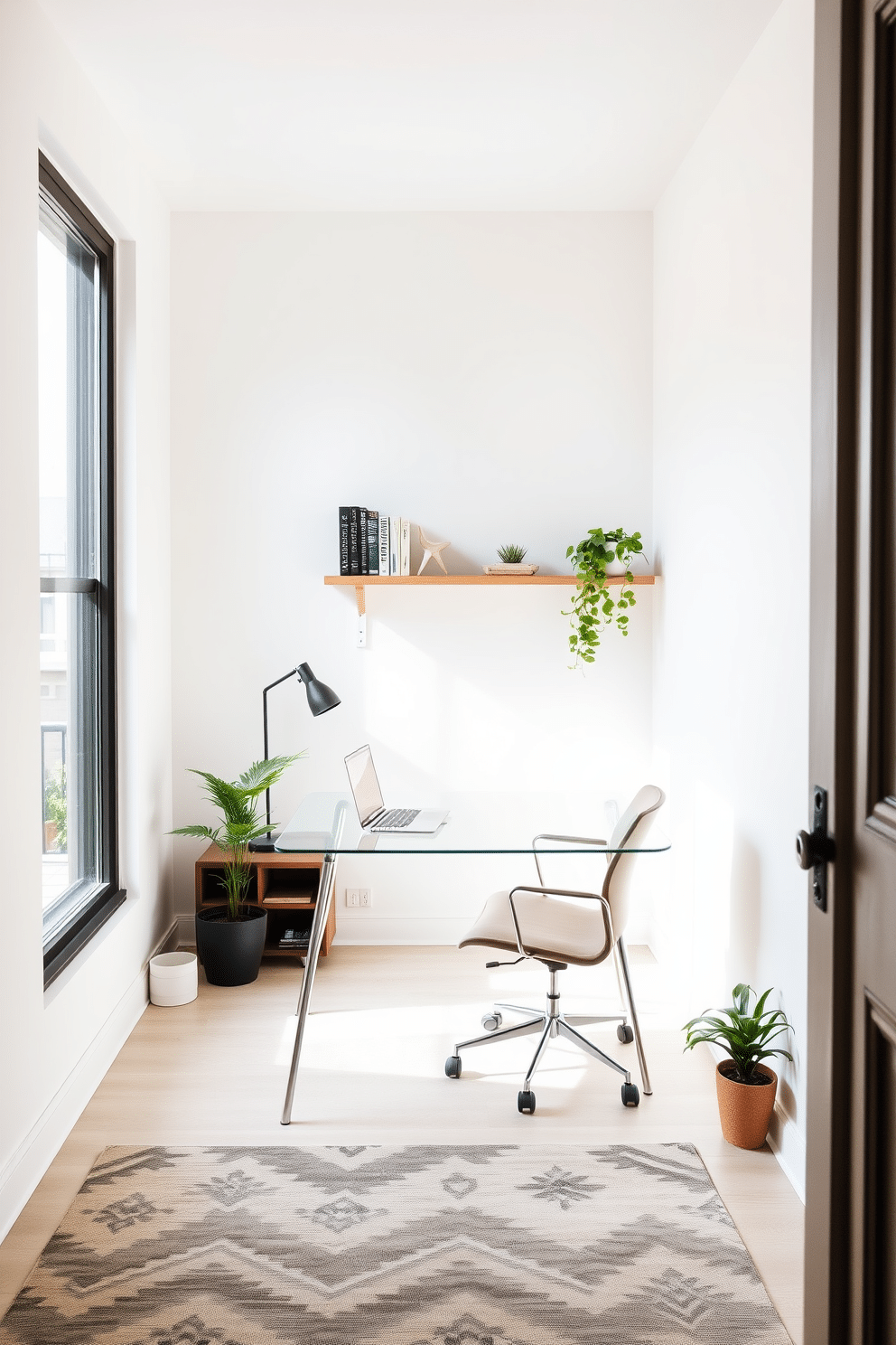 Sleek, modern furniture creates a clean and uncluttered look in a small home office. A minimalist desk with a glass top and metal legs is paired with an ergonomic chair in a neutral color, while a floating shelf above the desk holds essential books and decor. The walls are painted in a soft white to enhance the sense of space, and a large window allows natural light to flood the room. A stylish rug in muted tones anchors the area, and a few potted plants add a touch of greenery and life.