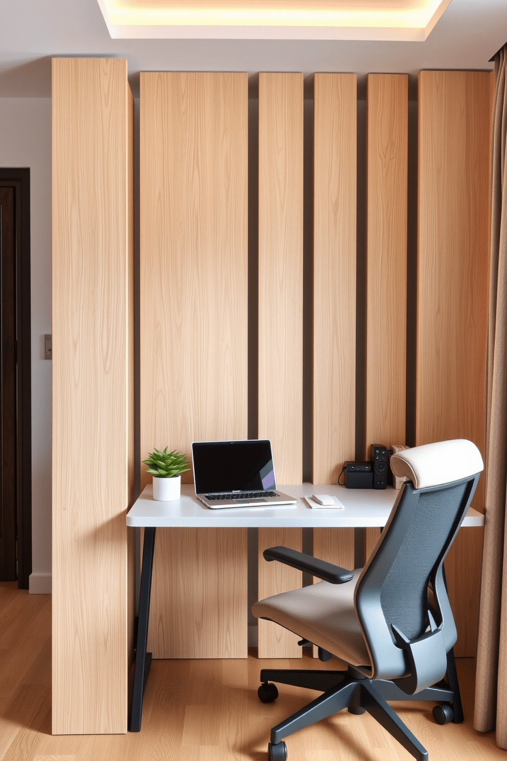 A cozy small home office features a stylish room divider made of light wood, creating a sense of privacy while maintaining an open feel. The desk is positioned against the divider, adorned with a sleek laptop, a potted plant, and minimalistic stationery, complemented by a comfortable ergonomic chair.