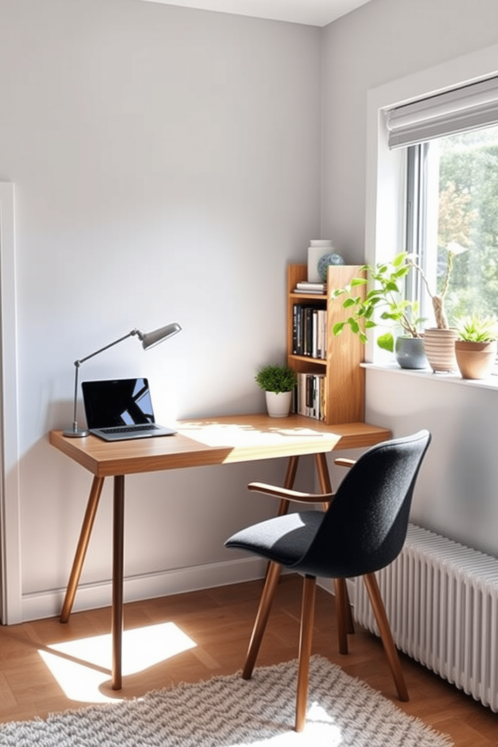 A cozy small home office features a compact wooden desk positioned against a light gray wall, adorned with a sleek desk lamp and a laptop. To the right of the desk, a small bookshelf filled with neatly arranged books and decorative items adds a personal touch, while a comfortable chair invites productivity. Natural light floods the space through a nearby window, highlighting a soft area rug that complements the room's color palette. Potted plants on the windowsill bring a refreshing vibe, creating an inspiring atmosphere for work and creativity.