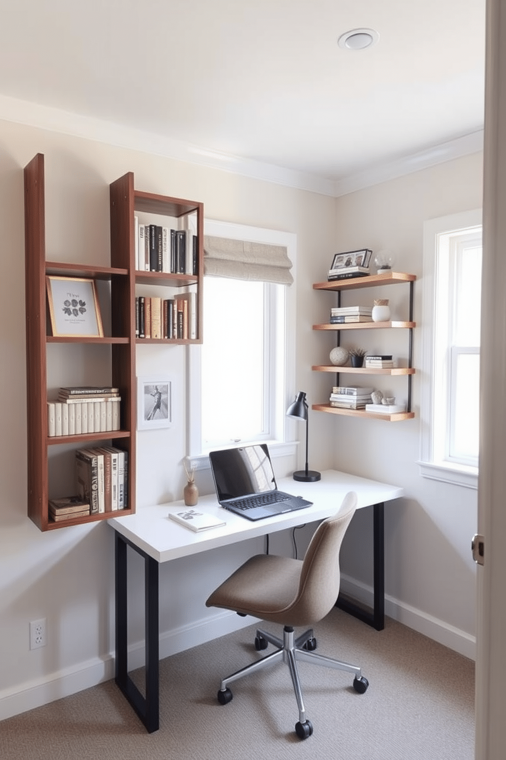 A small home office features floating shelves mounted on the walls, providing extra storage for books and decorative items. The desk is positioned against a window, allowing natural light to illuminate the workspace, while a comfortable chair complements the modern aesthetic.