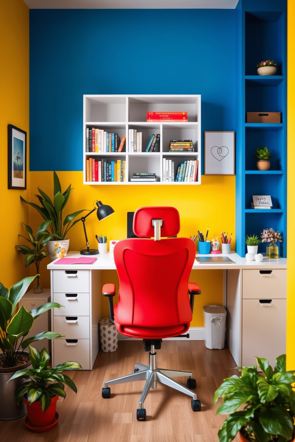 A vibrant home office filled with bright colors to inspire creativity. The walls are painted in a cheerful yellow, complemented by a bold blue accent wall featuring a modern bookshelf. A sleek white desk sits in the center, adorned with colorful stationery and a stylish desk lamp. A comfortable ergonomic chair in a bright red hue invites productivity, while potted plants add a touch of greenery and freshness to the space.