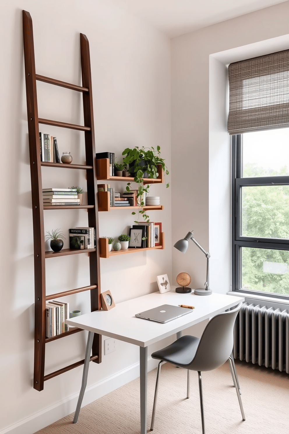 A cozy small home office features a stylish ladder shelf against the wall, adorned with books, plants, and decorative items that add personality to the space. A sleek desk sits below a large window, allowing natural light to flood in, complemented by a comfortable chair and a minimalist desk lamp.