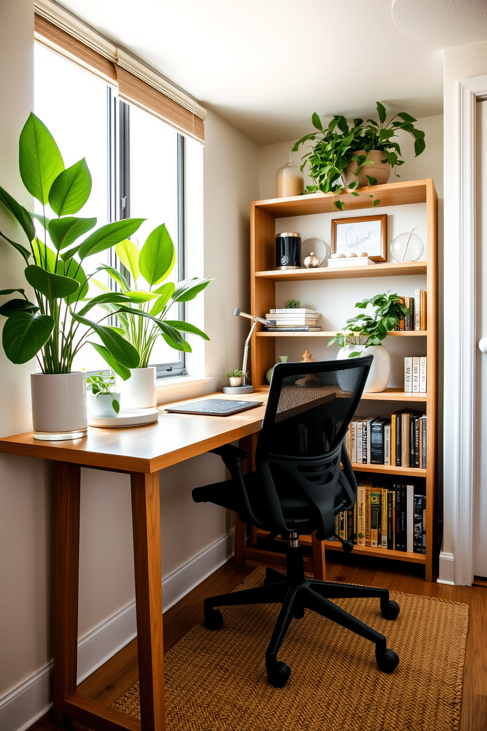 A cozy small home office featuring a sleek wooden desk positioned by a window, allowing natural light to flood the space. Lush green plants are strategically placed on the desk and shelves, creating a fresh and inviting atmosphere. The walls are painted in a soft, calming color, complemented by a comfortable ergonomic chair. A stylish bookshelf lined with books and decorative items adds personality, while a woven rug anchors the space and enhances the warmth.