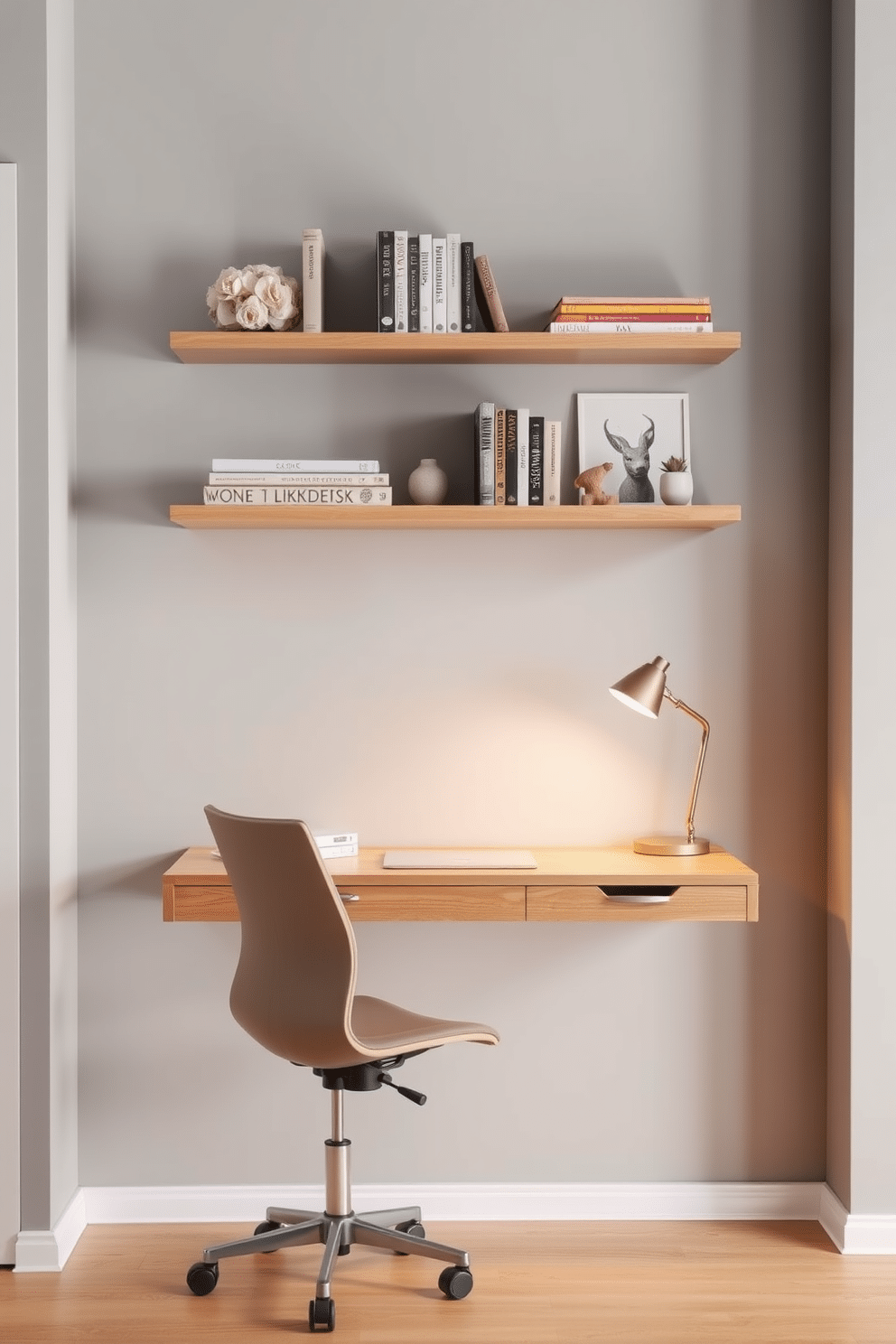 A modern wall-mounted desk is elegantly positioned against a light gray wall, maximizing floor space while maintaining a sleek aesthetic. Above the desk, floating shelves display neatly organized books and decorative items, creating a functional yet stylish workspace. The desk features a minimalist design with clean lines and a natural wood finish, complemented by a comfortable ergonomic chair. Soft, ambient lighting from a stylish desk lamp enhances the cozy atmosphere, making it an inviting spot for productivity.