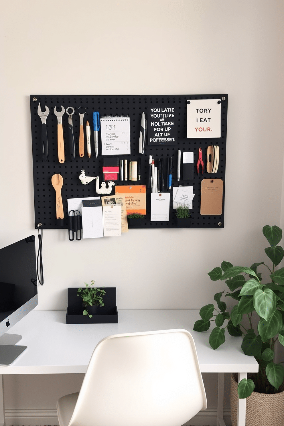 A small home office features a functional pegboard mounted on the wall, displaying neatly arranged tools, stationery, and inspirational quotes. The desk is minimalist, with a sleek surface and a comfortable chair, complemented by a cozy corner filled with plants that bring life to the workspace.