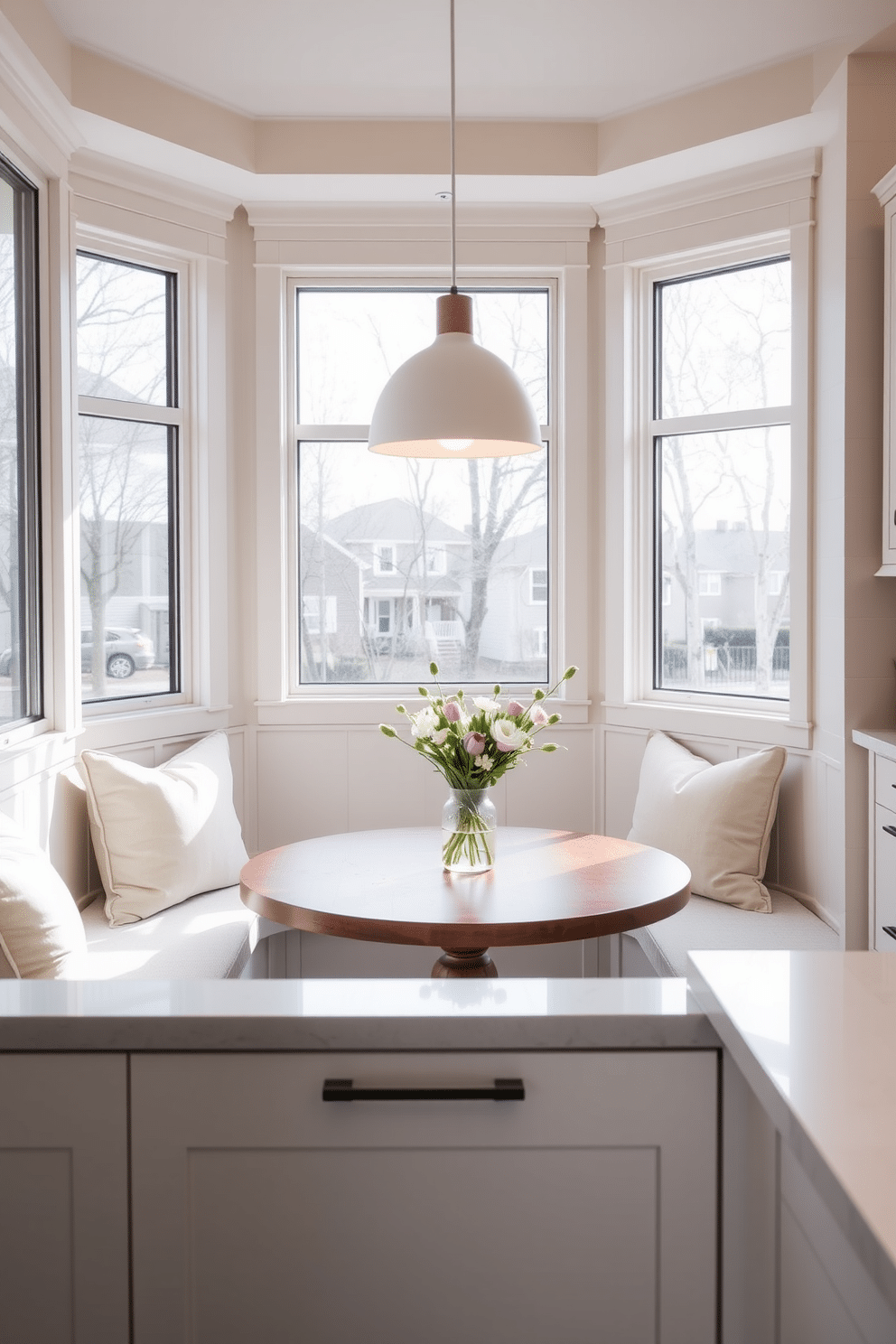 A cozy breakfast nook features built-in seating with plush cushions, surrounded by large windows that let in natural light. The table is a round wooden piece, adorned with a simple vase of fresh flowers, creating an inviting atmosphere. In the small kitchen dining room, sleek cabinetry in a soft pastel color complements the minimalist decor. A modern pendant light hangs above the dining table, illuminating the space and enhancing the overall warmth of the room.