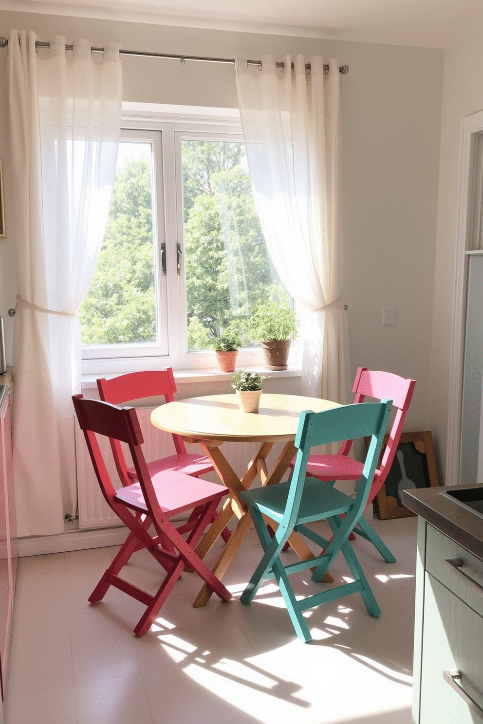 A cozy small kitchen dining area featuring foldable chairs that can be easily stored away when not in use. The table is round with a light wood finish, surrounded by colorful foldable chairs that add a pop of personality to the space. Natural light floods the room through a large window adorned with sheer curtains, creating a bright and inviting atmosphere. The walls are painted in a soft pastel hue, complemented by a small potted herb garden on the windowsill, enhancing the kitchen's charm.