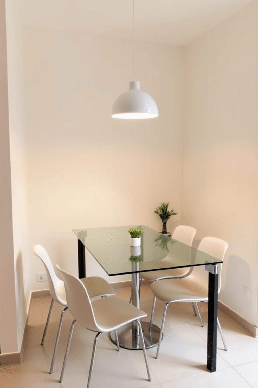 A small kitchen dining room features a sleek glass-top table that enhances the sense of openness in the space. Surrounding the table are modern, minimalist chairs that complement the airy atmosphere, while a pendant light overhead adds a touch of elegance. The walls are painted in a soft, neutral tone, creating a warm and inviting backdrop. A small potted plant sits in the corner, adding a splash of color and life to the compact dining area.