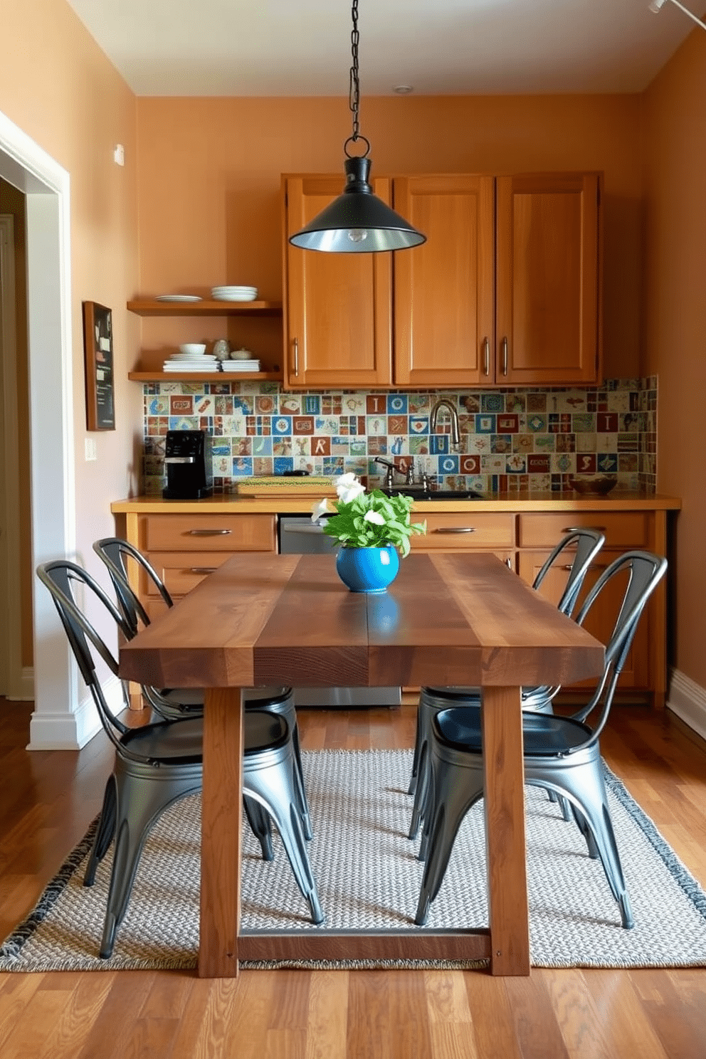 A cozy small kitchen dining room features a blend of materials to create visual interest. The dining table is made of reclaimed wood, surrounded by sleek metal chairs that add a modern touch. The walls are painted in a soft, warm color, while the backsplash showcases colorful ceramic tiles. A woven rug under the table complements the space, adding warmth and texture to the design.