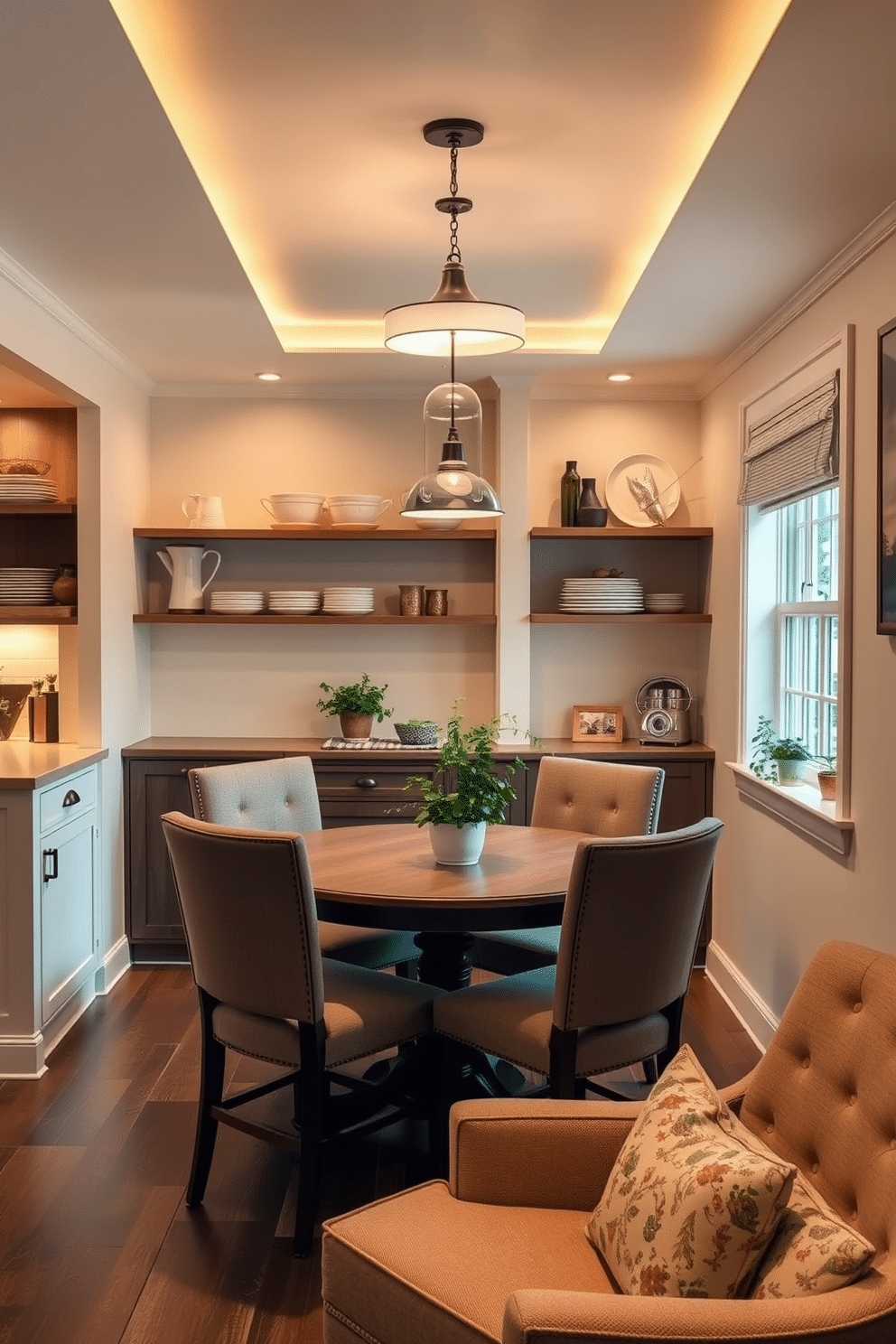 A cozy small kitchen dining room featuring integrated lighting that creates a warm ambiance. The space includes a round wooden table surrounded by upholstered chairs, with pendant lights hanging above to enhance the inviting atmosphere. The walls are painted in a soft cream color, complemented by open shelving displaying stylish dishware. A small herb garden sits on the windowsill, adding a touch of greenery and freshness to the design.