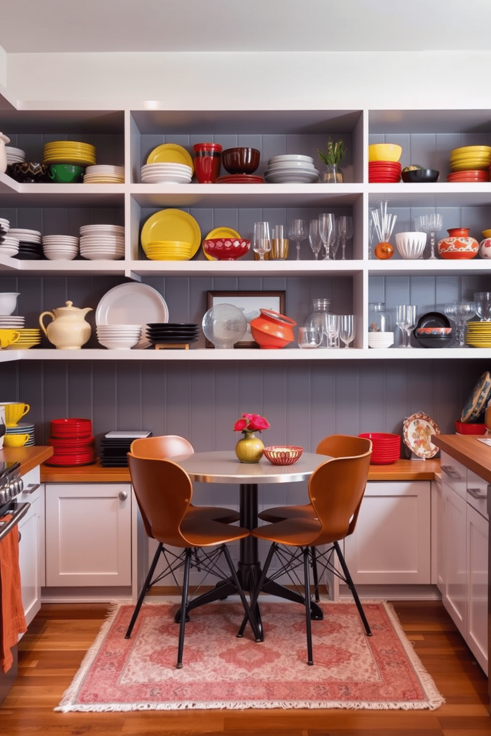 Open shelving lines the walls of a cozy kitchen, showcasing an array of colorful dishes and glassware for easy access. A small, round dining table sits in the center, surrounded by stylish chairs, creating an inviting space for meals and conversation.