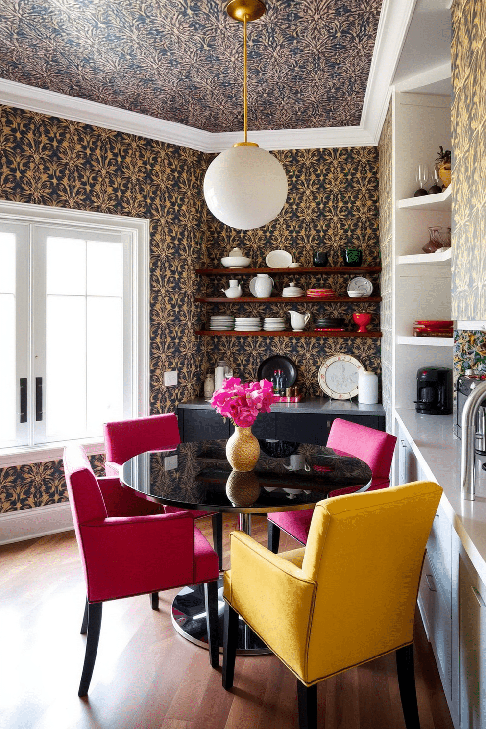 A small kitchen dining room features bold, patterned wallpaper that creates a striking focal point, enhancing the overall character of the space. The dining area includes a sleek, round table surrounded by colorful upholstered chairs, perfectly complementing the vibrant wallpaper. Natural light floods the room through a large window, highlighting the rich textures and colors of the decor. Open shelving displays curated dishware and decorative items, adding both functionality and style to the compact space.