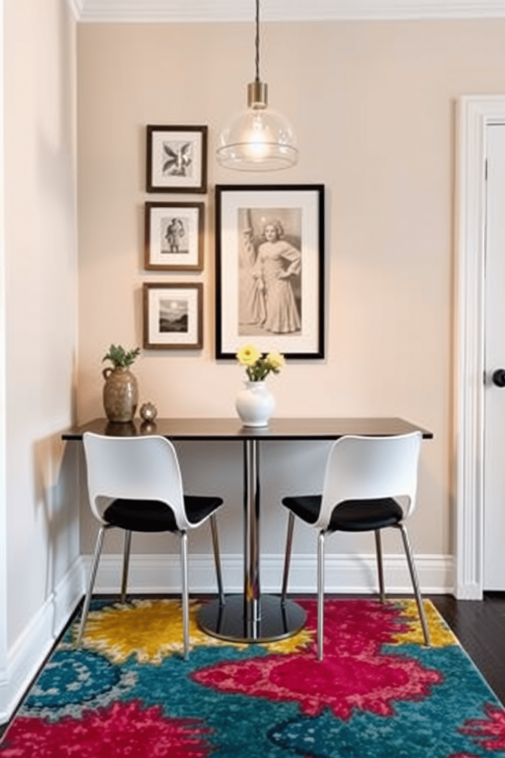 A narrow console table elegantly serves as a dining option, positioned against a wall adorned with soft, neutral tones. Above the table, a series of framed art pieces create a focal point, while a stylish pendant light hangs to provide warm illumination. In the small kitchen dining room, a cozy arrangement features the console table paired with sleek, modern chairs that complement the table's design. The space is enhanced by a vibrant rug underneath, adding a touch of color and texture to the compact area.