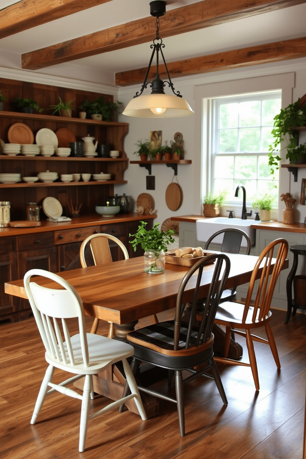 A cozy kitchen dining room featuring rustic wood accents. The table is made of reclaimed wood, surrounded by mismatched chairs that add a charming, eclectic touch. Soft, warm lighting illuminates the space, creating an inviting atmosphere. Open shelving displays vintage dishware and potted herbs, enhancing the rustic aesthetic.