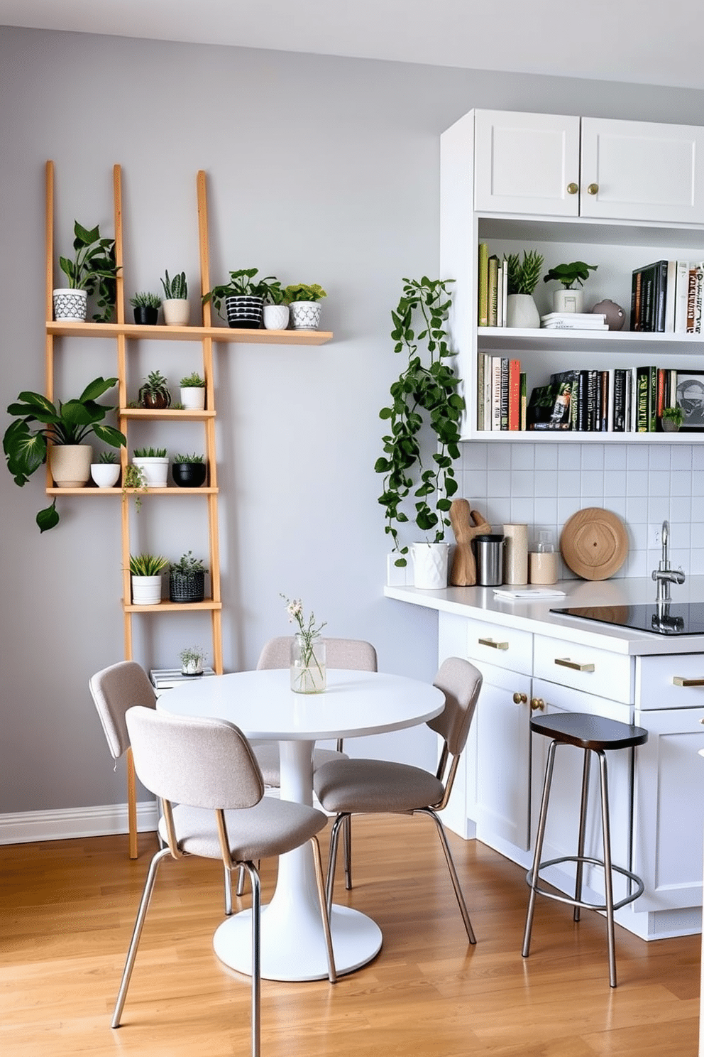 A modern dining area featuring ladder shelves against a light gray wall, filled with an array of plants and decorative items. The shelves are made of natural wood, complementing a small round dining table with sleek metal legs, surrounded by upholstered chairs in a soft pastel color. The cozy kitchen space showcases a compact layout with white cabinetry and brass hardware, creating a bright and inviting atmosphere. A small island with bar stools serves as an additional dining option, while open shelving above displays stylish dishware and cookbooks, enhancing the room's functionality and charm.