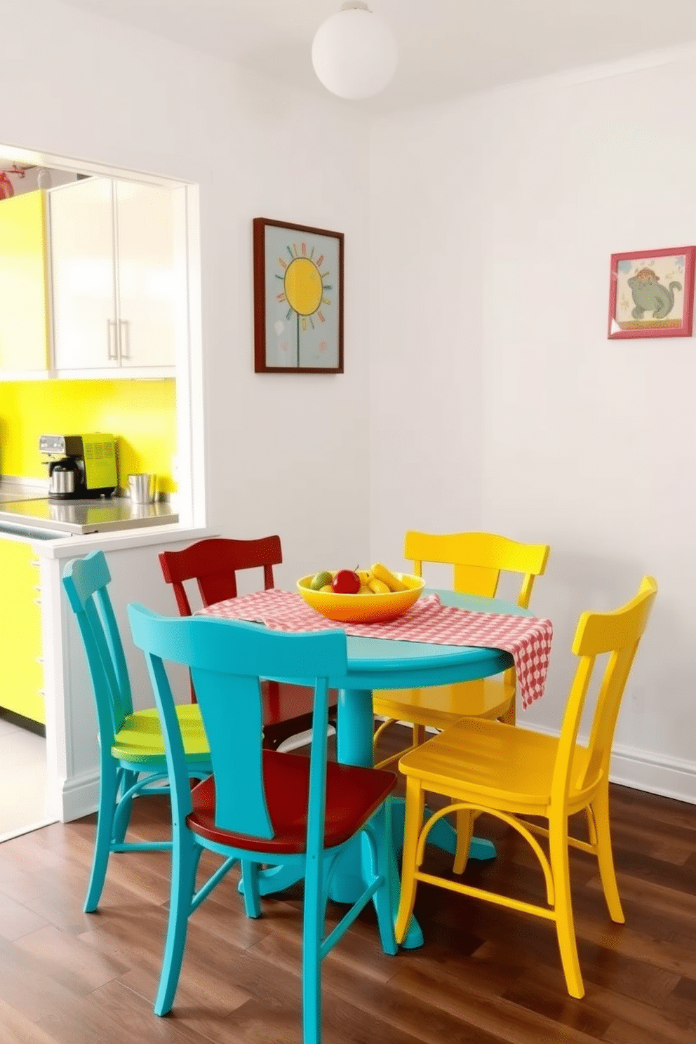 A small kitchen dining room that radiates cheerfulness, featuring bright accent colors such as vibrant yellow chairs and a bold turquoise table. The walls are painted in a soft white to allow the colorful elements to stand out, while playful artwork adds personality to the space. The dining area includes a compact round table surrounded by mismatched colorful chairs, creating an inviting atmosphere. A cheerful fruit bowl sits at the center of the table, complemented by a vibrant tablecloth that ties the whole design together.