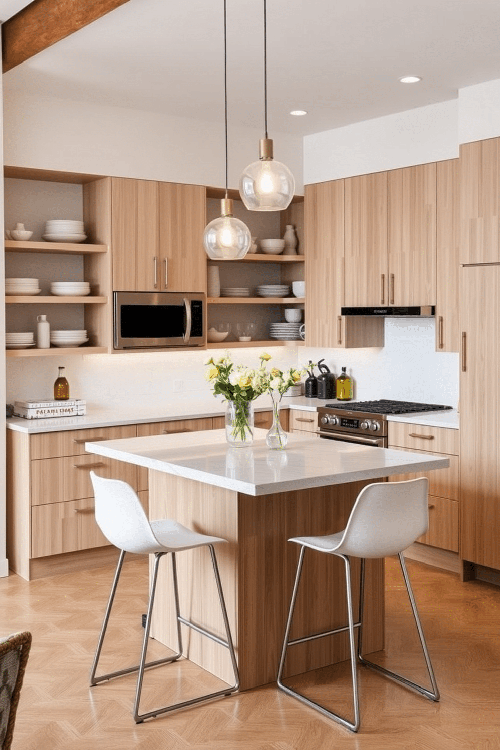 A stylish small kitchen featuring a multi-functional island that serves as both a cooking space and a dining area. The island is topped with a sleek quartz surface, complemented by modern bar stools with a minimalist design. Surrounding the island, the kitchen showcases light wood cabinetry and open shelving filled with decorative dishware. Soft pendant lights hang above the island, creating a warm and inviting atmosphere perfect for casual dining and gatherings.