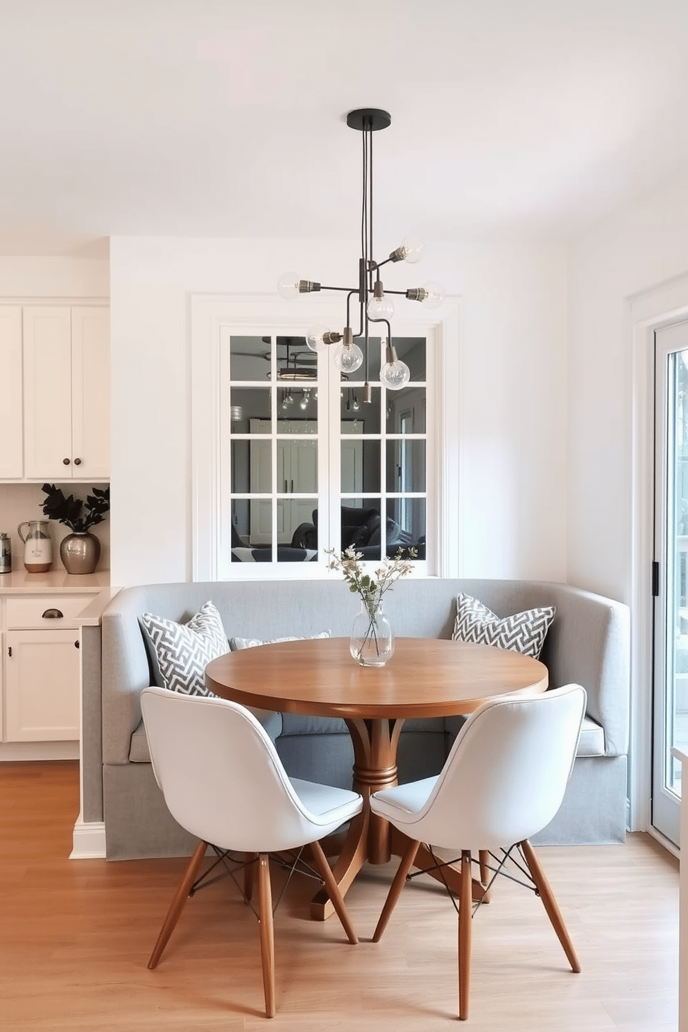 A cozy small kitchen dining room featuring a built-in banquette that utilizes the corner space effectively. The banquette is upholstered in a soft gray fabric, complemented by a round wooden table surrounded by stylish chairs. The walls are painted in a warm white, creating a bright and inviting atmosphere. A cluster of pendant lights hangs above the table, adding a touch of modern elegance to the space.