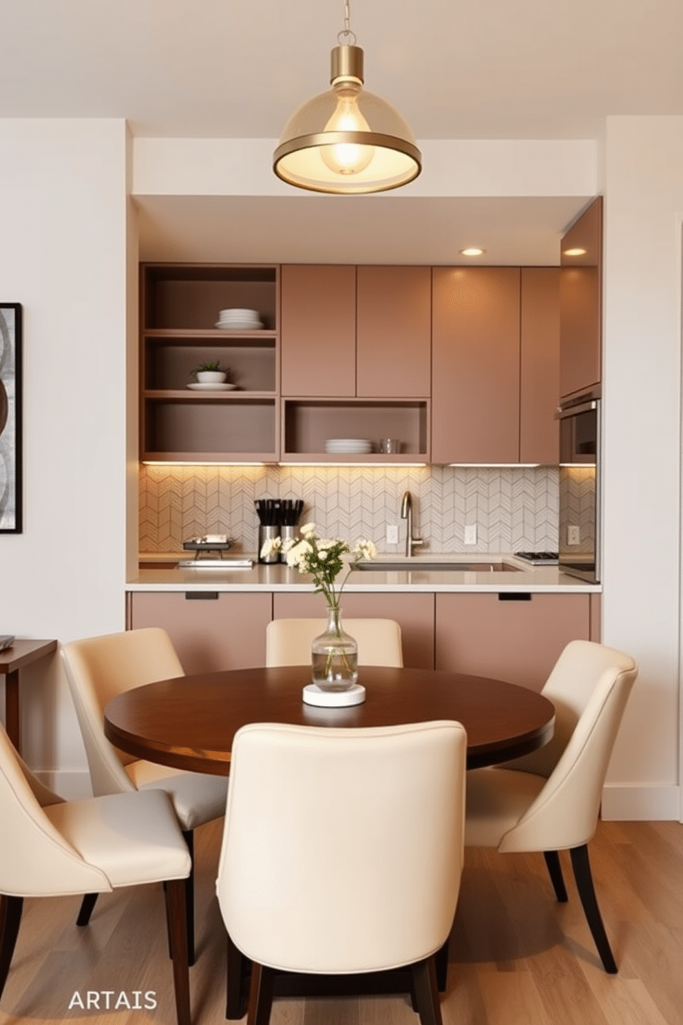 A stylish small kitchen dining room features a round wooden table surrounded by upholstered chairs in soft pastel colors. Above the table, elegant pendant lights with a modern design hang as focal points, casting a warm glow over the space. The kitchen area showcases sleek cabinetry with a mix of open shelving and closed storage, creating a functional yet stylish atmosphere. A subtle backsplash in a geometric pattern adds visual interest while complementing the overall color scheme.