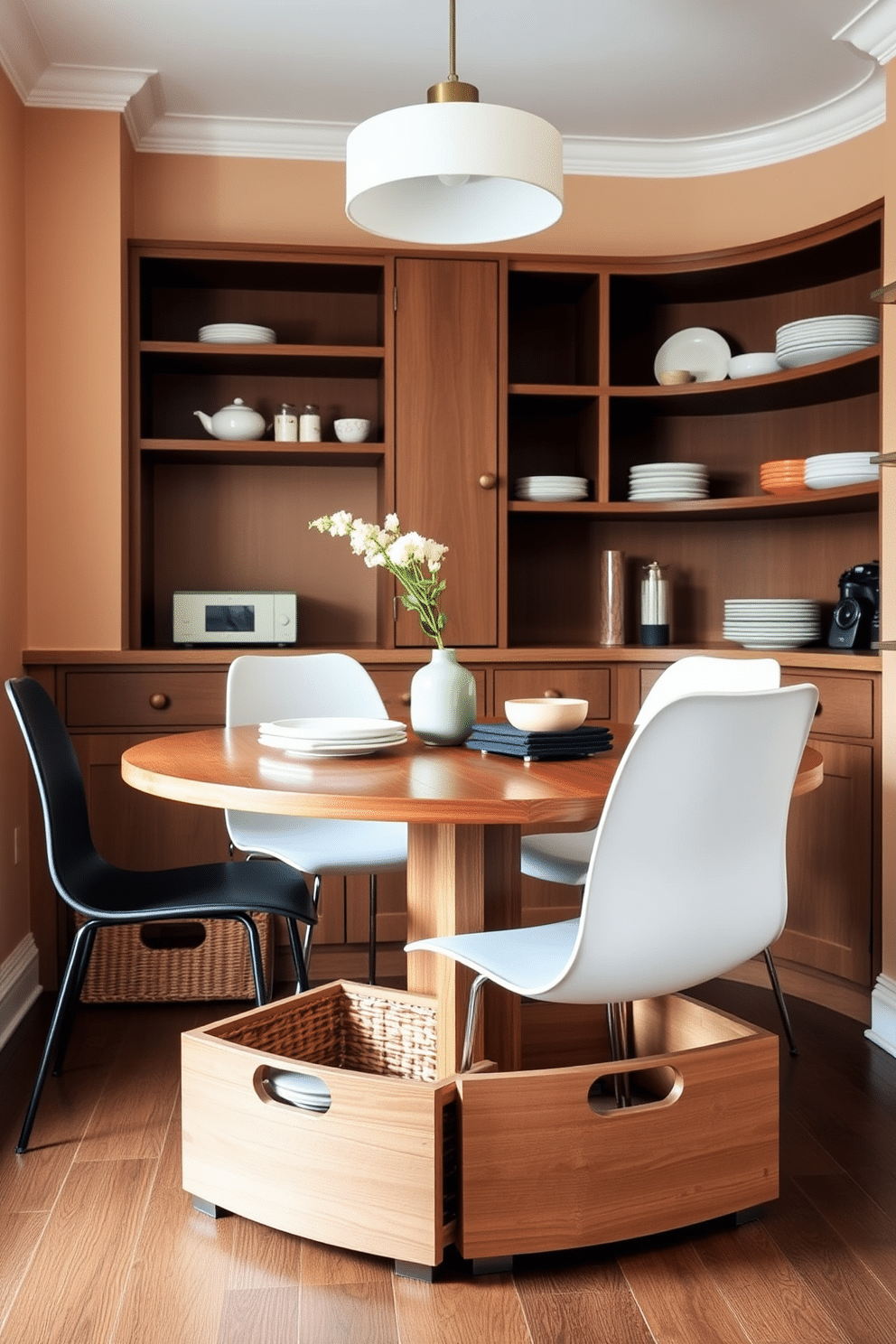 A cozy kitchen dining area featuring a round wooden table with sleek, modern chairs. Under the table, innovative storage solutions include woven baskets and stylish drawers, maximizing space while maintaining a clean aesthetic. The walls are painted in a soft, warm hue, complemented by open shelving displaying colorful dishware. A pendant light hangs above the table, providing both illumination and a touch of elegance to the intimate setting.