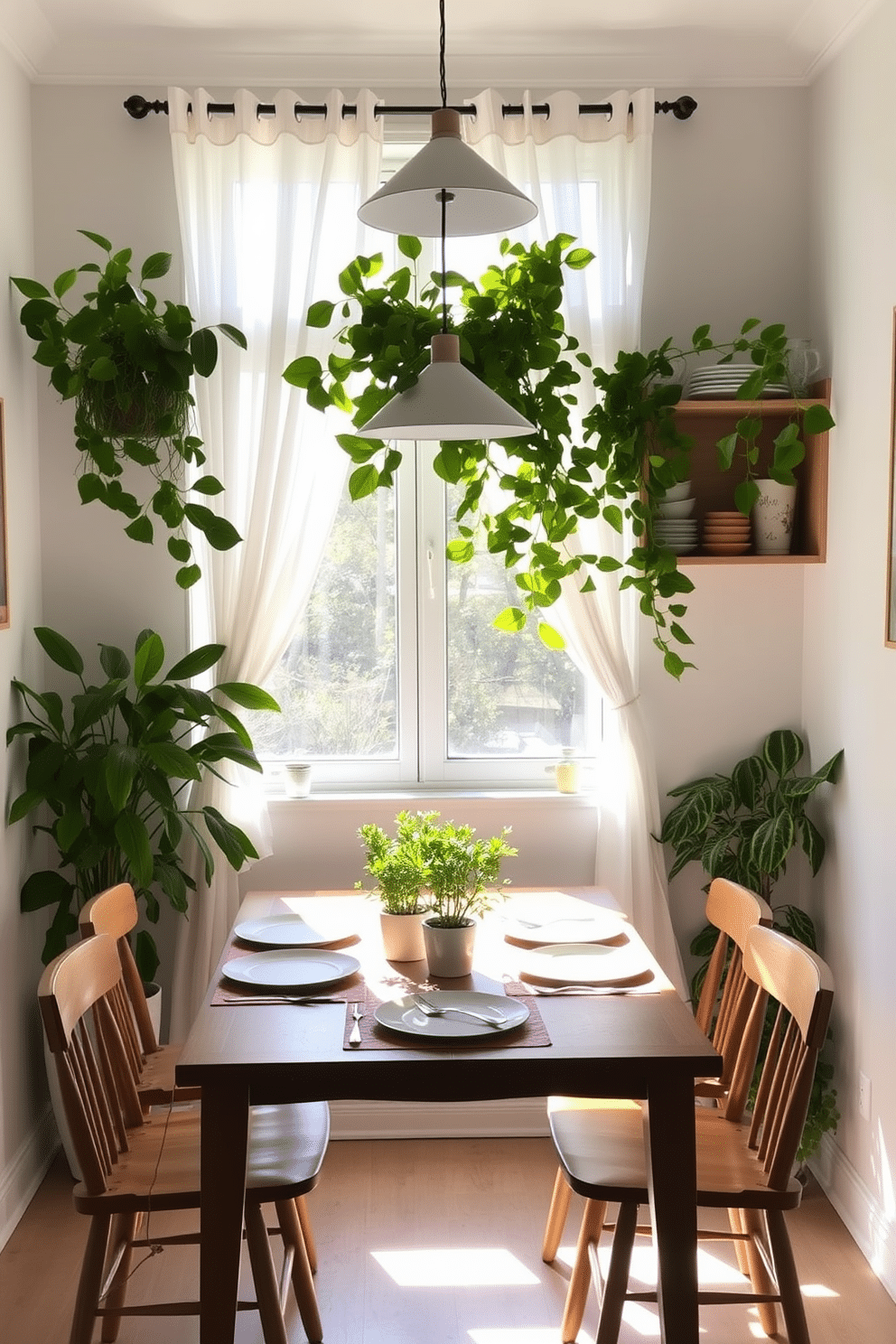 A small kitchen dining room featuring a cozy table set for four, surrounded by lush green plants that bring a vibrant and fresh atmosphere. Sunlight streams through a window adorned with light, airy curtains, illuminating the wooden table topped with a simple yet elegant centerpiece of potted herbs. The walls are painted in a soft white, complemented by open shelving displaying colorful dishware and plants. A stylish pendant light hangs above the table, creating an inviting ambiance perfect for casual meals and gatherings.