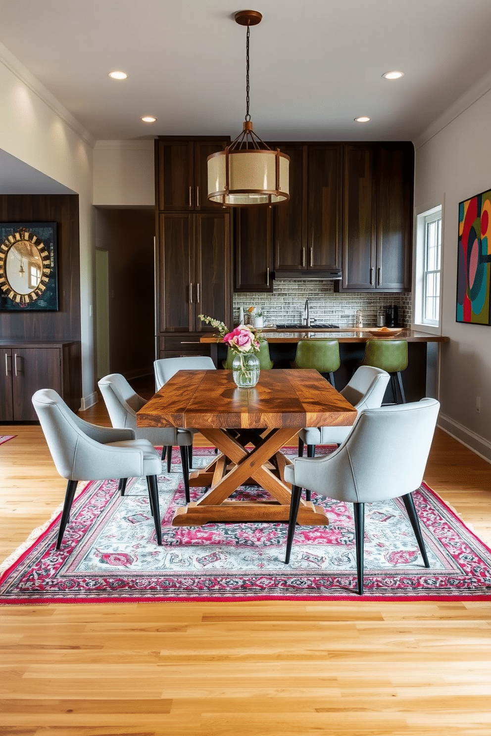 A cozy dining area features layered rugs that create warmth and texture, defining the space beautifully beneath a rustic wooden dining table. Surrounding the table are upholstered chairs in soft, neutral tones, complemented by a statement light fixture hanging overhead. In a small kitchen, the dining room is designed with clever storage solutions, maximizing space while maintaining an open feel. A compact round table with stylish bar stools invites casual dining, while vibrant artwork on the walls adds a pop of color to the area.