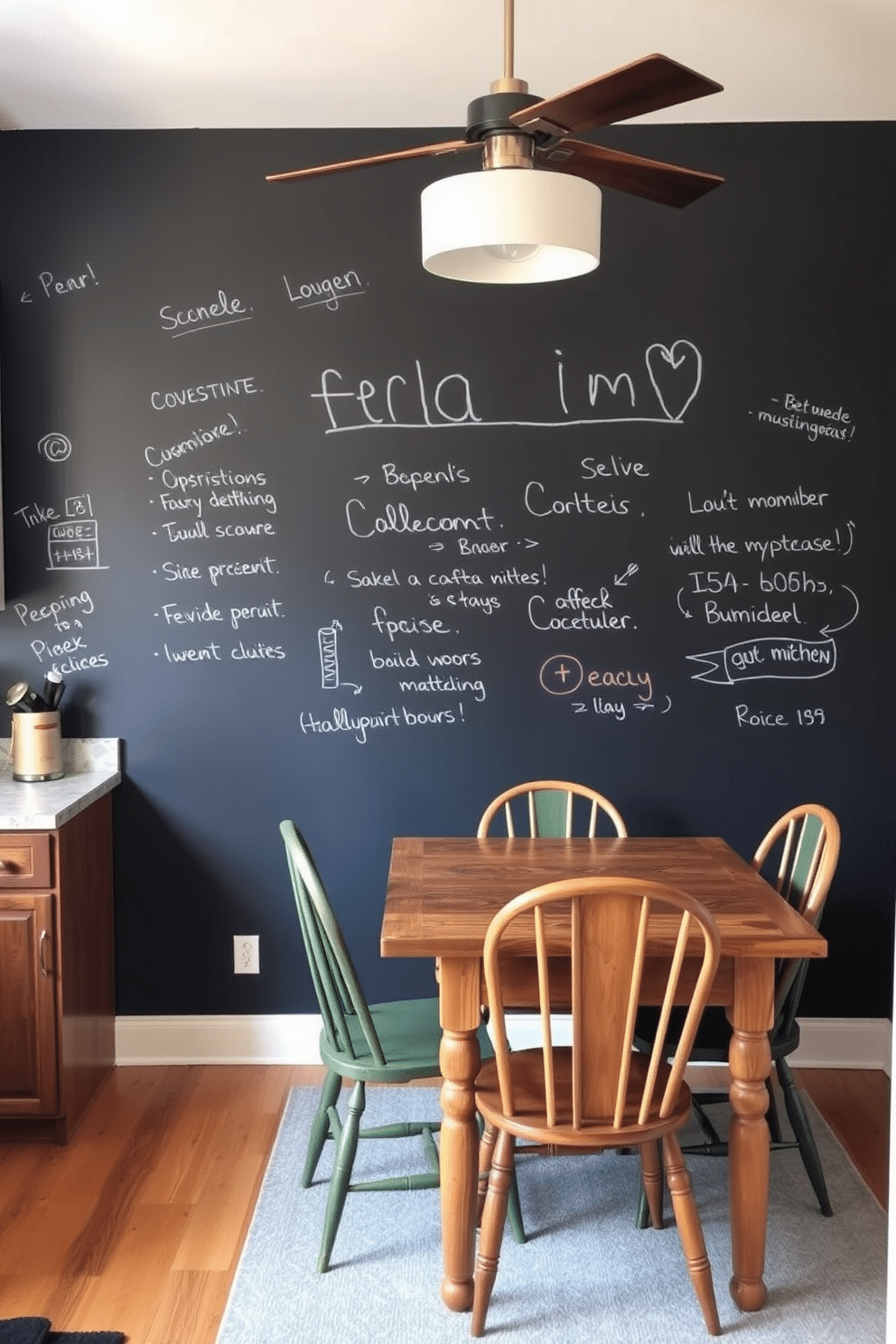 A small kitchen dining room features a chalkboard wall that adds a personal touch, allowing for handwritten notes and creative doodles. The dining area includes a rustic wooden table surrounded by mismatched chairs, creating a cozy and inviting atmosphere.