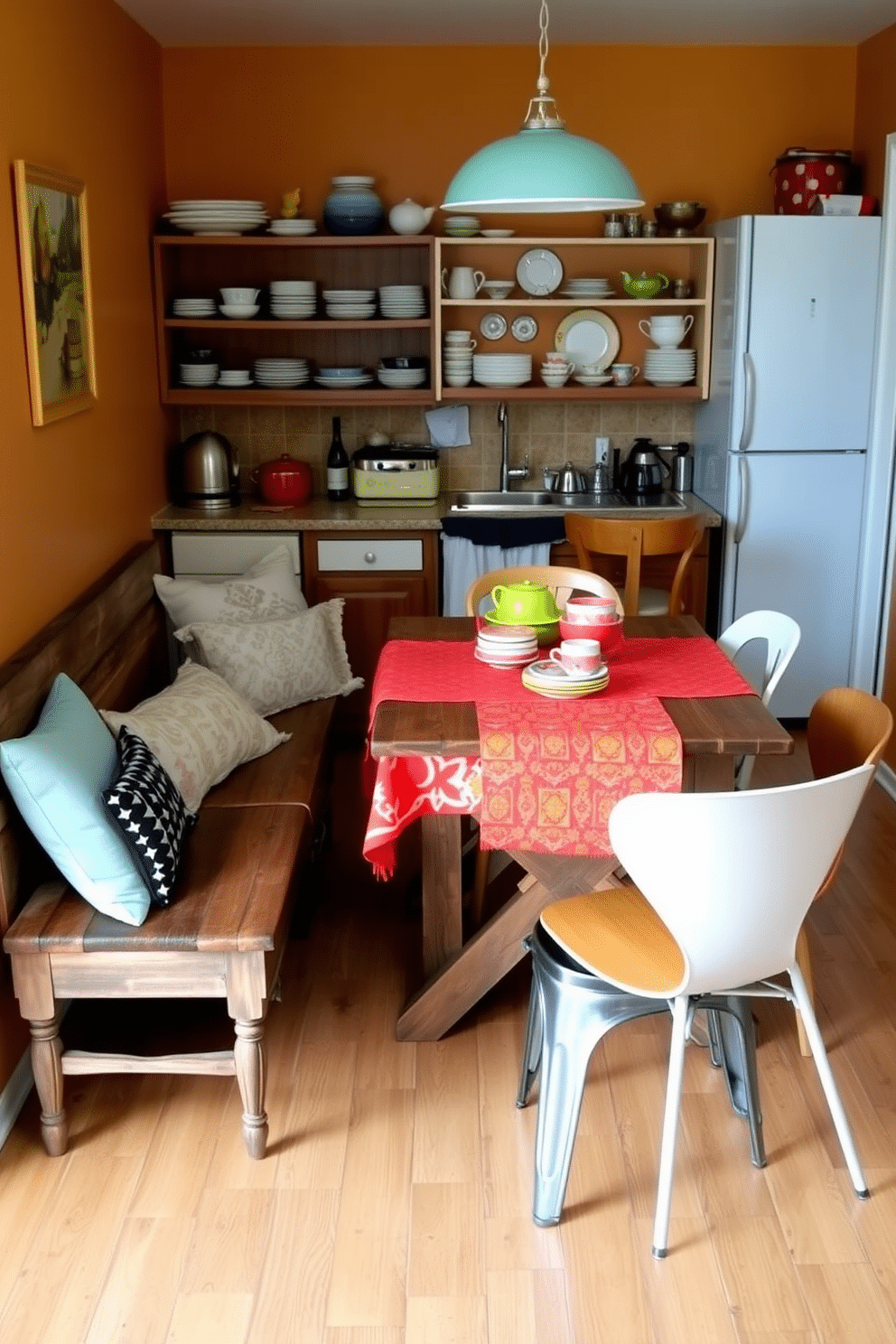 A cozy dining area featuring a mix of seating styles, including a vintage wooden bench, modern upholstered chairs, and a sleek metal stool. The table is a rustic farmhouse style, adorned with a vibrant tablecloth and an assortment of colorful dishes, creating an inviting and eclectic charm. A small kitchen that seamlessly integrates dining space, showcasing a round table surrounded by mismatched chairs of different heights and designs. The walls are painted in a warm, inviting hue, and open shelving displays a collection of unique dishware, enhancing the room's character and functionality.