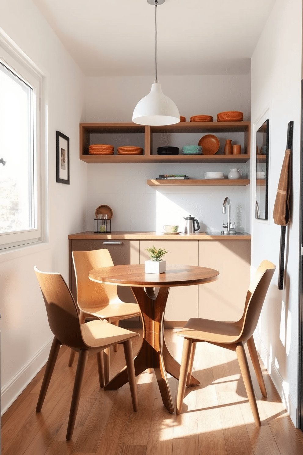 A compact dining set designed for small areas features a round wooden table with sleek, minimalist chairs that can be tucked away when not in use. The setting is brightened by a large window that allows natural light to flood in, enhancing the cozy ambiance of the space. In this small kitchen dining room, the walls are painted in a soft white, creating an airy feel, while a small pendant light hangs above the table, adding a touch of elegance. The decor includes a small potted plant on the table and open shelving displaying colorful dishware, maximizing both style and functionality.