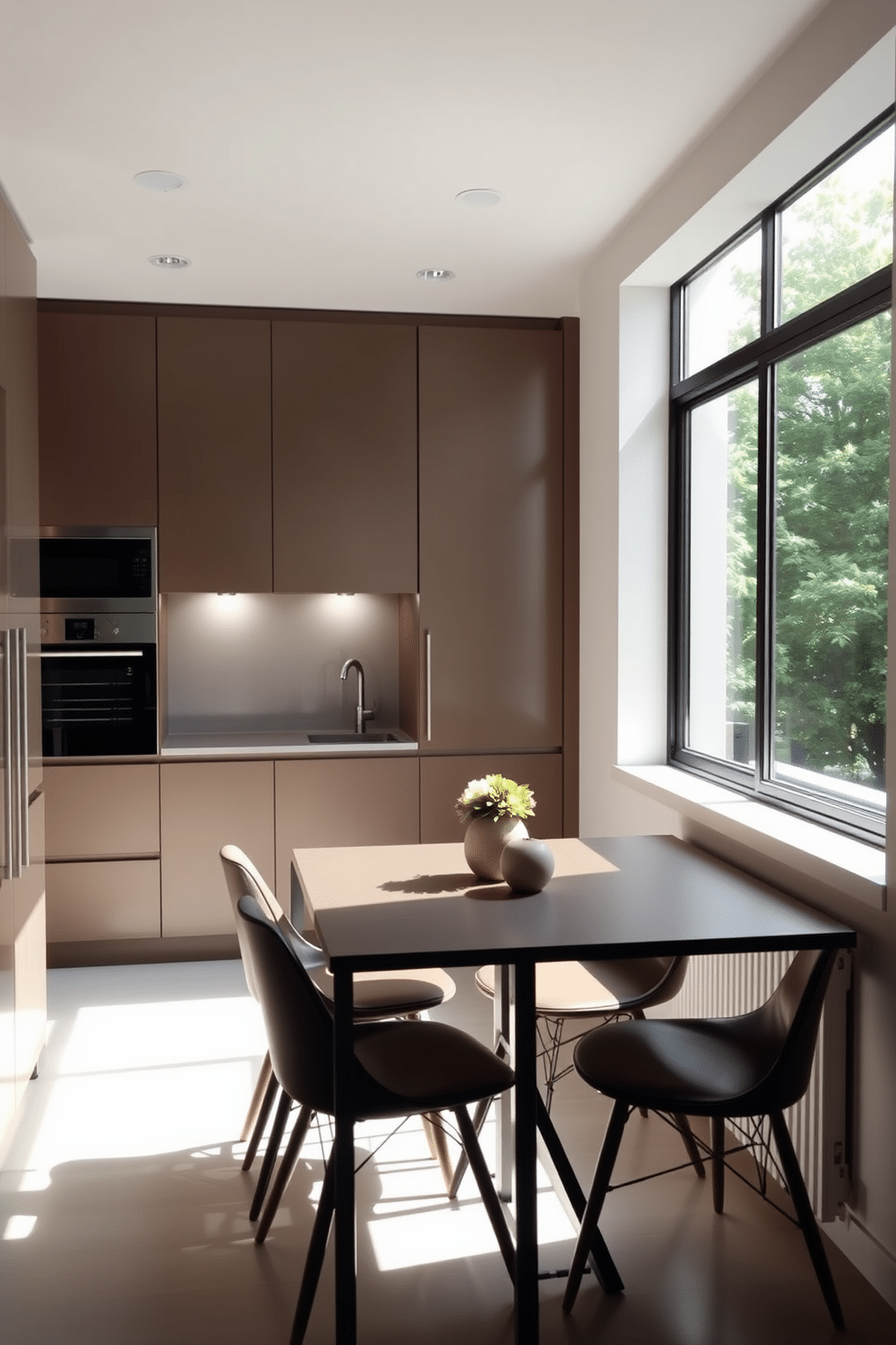 A small kitchen dining room features integrated appliances that blend seamlessly into the cabinetry, creating a streamlined and cohesive look. The space is enhanced by a compact dining table with stylish chairs, perfect for intimate meals and gatherings. Natural light floods the room through a large window, illuminating the sleek surfaces and modern finishes. A decorative centerpiece on the table adds a touch of warmth and personality to the minimalist design.