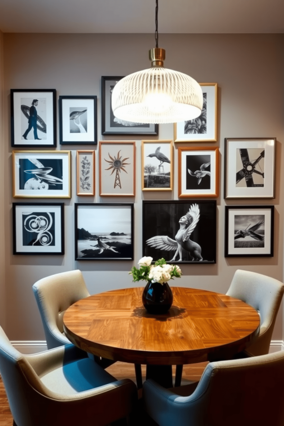 Artful wall decor to enhance style. A gallery wall features an eclectic mix of framed art pieces, including abstract paintings and black-and-white photography, arranged in a visually striking layout. Small Kitchen Dining Room Design Ideas. The dining area showcases a round wooden table surrounded by upholstered chairs, with a stylish pendant light hanging above, creating an inviting atmosphere for meals.