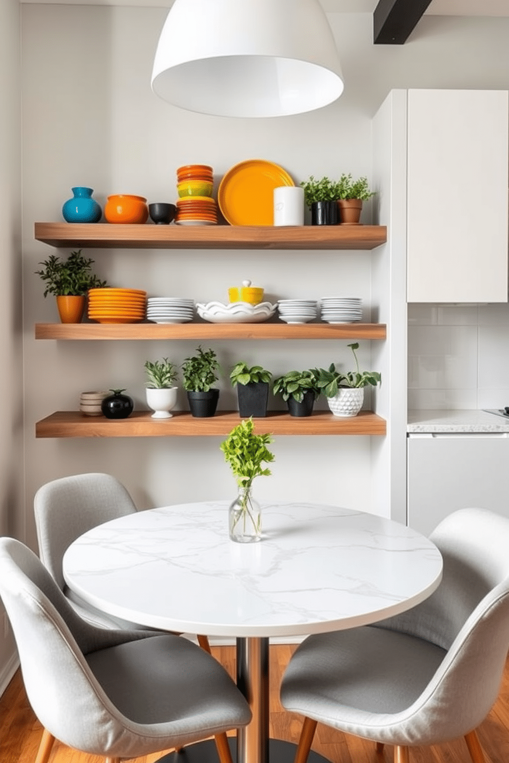 A stylish small kitchen dining area features floating shelves made of reclaimed wood, showcasing a curated selection of vibrant dishware and potted herbs. The dining table, a sleek round design with a marble top, is surrounded by modern, upholstered chairs in a soft gray fabric, creating an inviting atmosphere for meals.