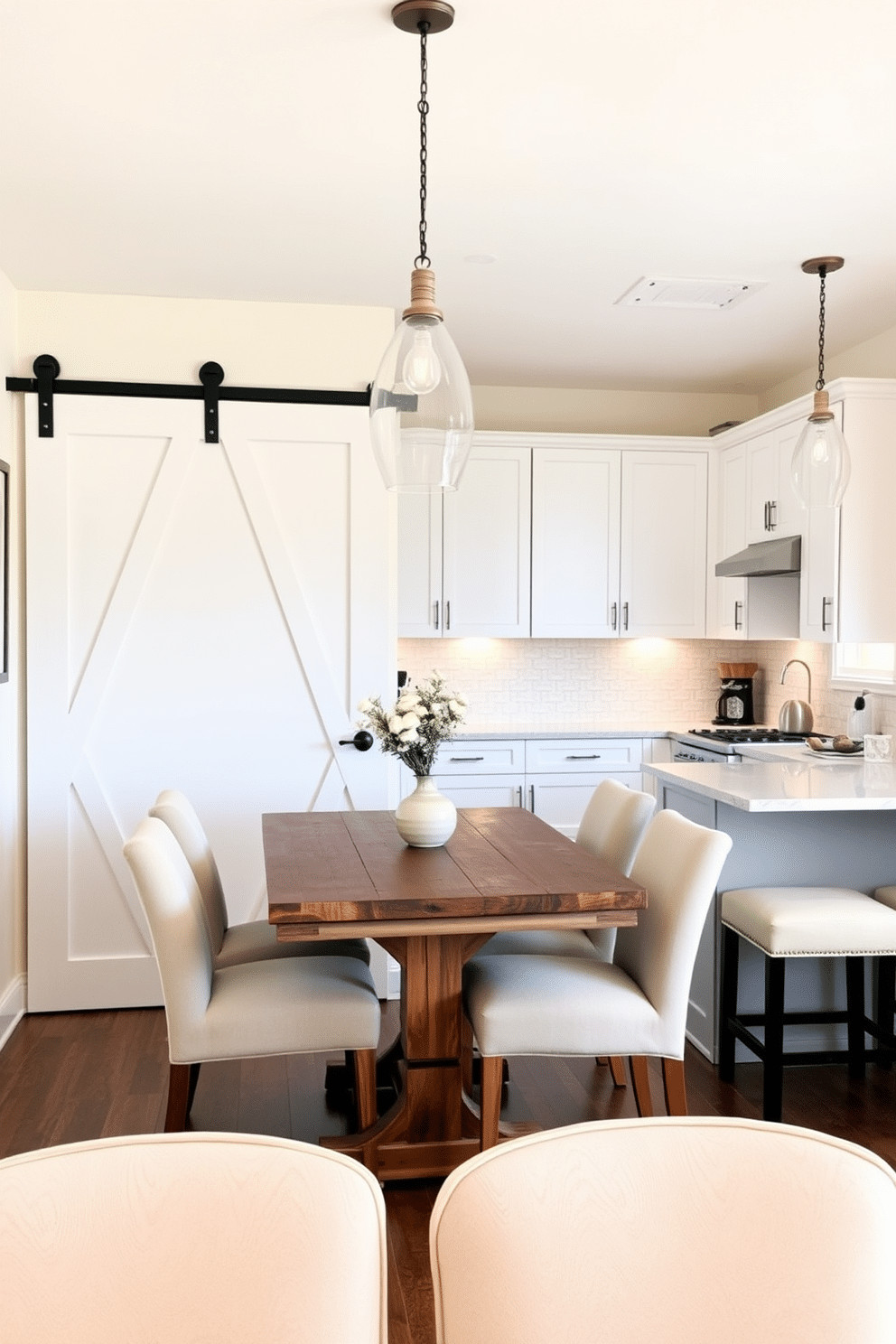 A charming small kitchen dining area featuring a sliding barn door that elegantly separates the space while saving valuable square footage. The dining table is a rustic wood piece surrounded by comfortable upholstered chairs, with pendant lighting hanging above to create a warm ambiance. The kitchen showcases sleek cabinetry in a soft white finish, complemented by a stylish backsplash of patterned tiles. A compact island with bar stools provides additional seating and functionality, enhancing the cozy yet modern feel of the space.