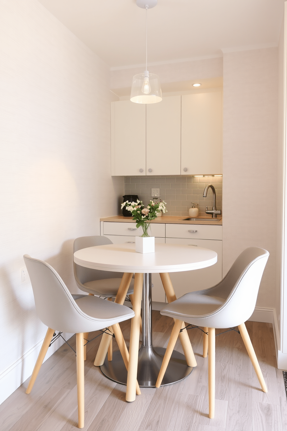 A cozy dining area featuring a round table designed to maximize space efficiency. The table is surrounded by four stylish chairs, with a soft, neutral color palette enhancing the room's brightness. The walls are adorned with subtle, light-colored wallpaper, creating an airy atmosphere. A small pendant light hangs above the table, adding warmth and a touch of elegance to the compact kitchen dining space.