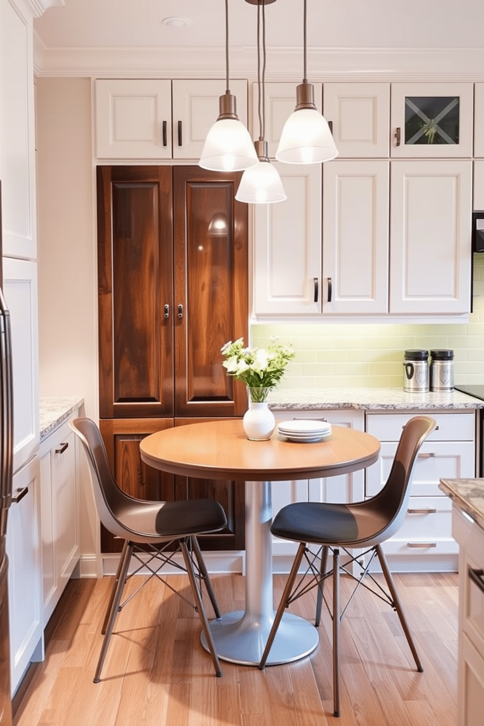 A cozy kitchen dining area features a wall-mounted drop-leaf table that can be easily folded down when not in use. The space is adorned with light-colored cabinets and a cheerful backsplash, creating an inviting atmosphere for meals. Around the table, stylish, space-saving chairs complement the design while providing comfort. Soft lighting from pendant fixtures above enhances the warm ambiance, making it a perfect spot for casual dining or entertaining guests.