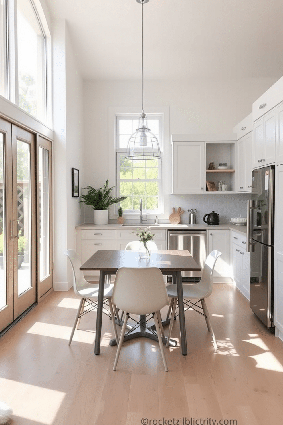 A small kitchen dining room designed to maximize natural light features light-colored walls and cabinetry, creating an airy and inviting atmosphere. The space includes a compact dining table with soft pastel chairs, surrounded by large windows that allow sunlight to flood in. The floor is adorned with light wood planks, complementing the overall brightness of the room. A stylish pendant light hangs above the table, adding a touch of elegance while maintaining a cozy feel.