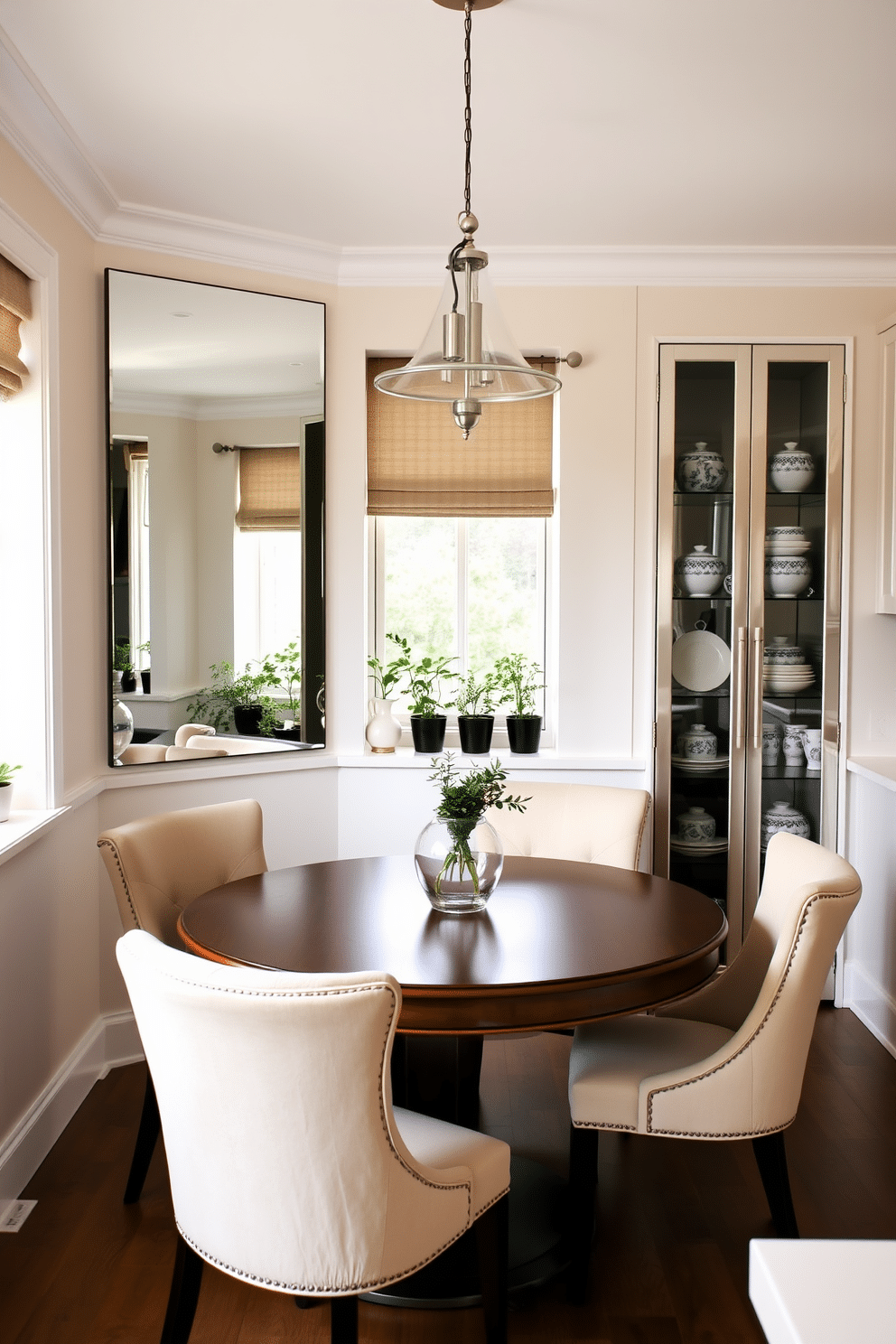 A cozy kitchen dining area featuring mirrored accents that enhance the sense of space and depth. The walls are painted in a soft pastel color, with a round wooden dining table surrounded by stylish upholstered chairs reflecting light from a large mirror on the opposite wall. Above the table, a modern chandelier adds elegance, while potted herbs on the windowsill bring a touch of greenery. The kitchen cabinetry is sleek and minimalist, with glass-fronted doors showcasing decorative dishware that complements the overall design.