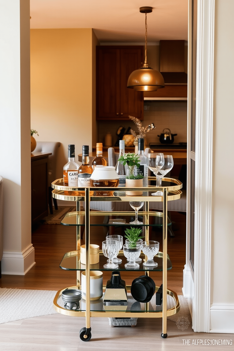 A compact bar cart with a sleek design, featuring a polished gold frame and glass shelves, is positioned against a wall. It is adorned with an assortment of fine spirits, elegant glassware, and a small potted plant for a touch of greenery. In a cozy kitchen dining area, a round wooden table is surrounded by upholstered chairs in a soft fabric. The walls are painted in a warm, inviting shade, and a stylish pendant light hangs above the table, creating an intimate dining atmosphere.